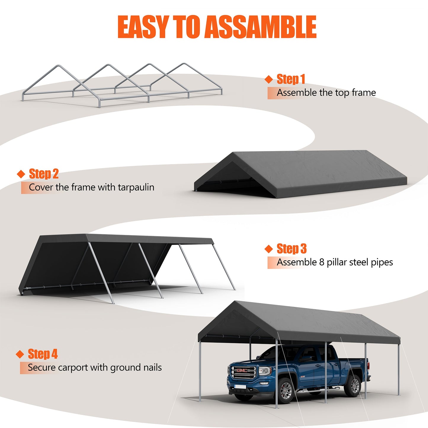 Walsunny Carport 10 x 20 ft Heavy Duty Carport Car Canopy with Powder-Coated Steel Frame,  Shelter Party Tent with 180g PE Tarp for Wedding, Garden