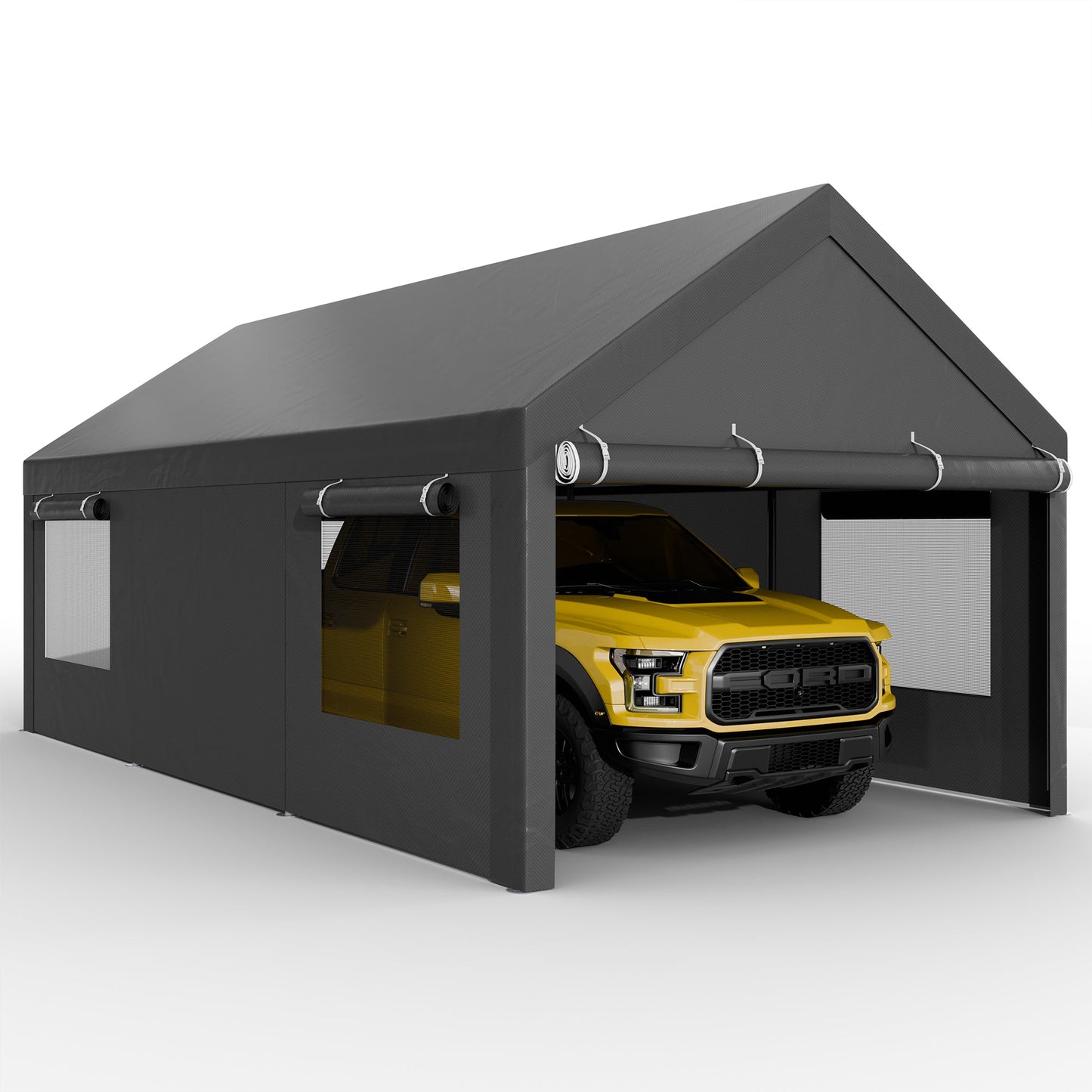 Walsunny Carport, 10x20 ft Heavy Duty Carport Canopy with Roll-up Windows, Portable Garage with Removable Sidewalls & Doors