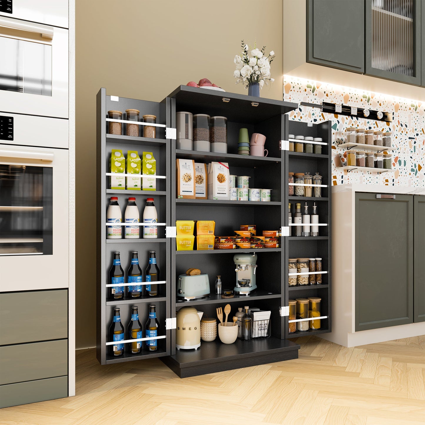 Walsunny 47" Kitchen Pantry Farmhouse Storage Cabinet with Adjustable Shelves, Racks and Doors Freestanding Kitchen Hutch Cupboard