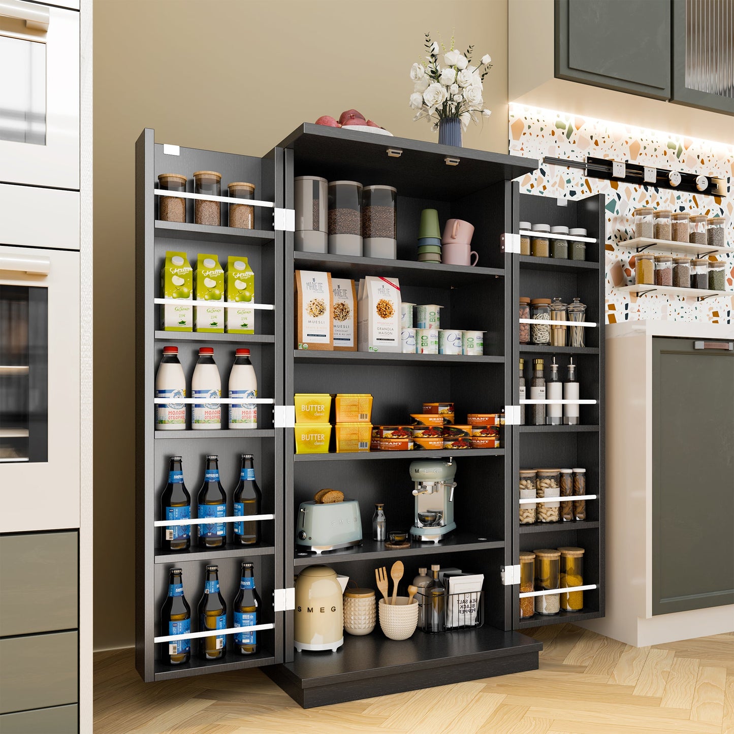 Walsunny 47" Kitchen Pantry Farmhouse Storage Cabinet with Adjustable Shelves, Racks and Doors Freestanding Kitchen Hutch Cupboard