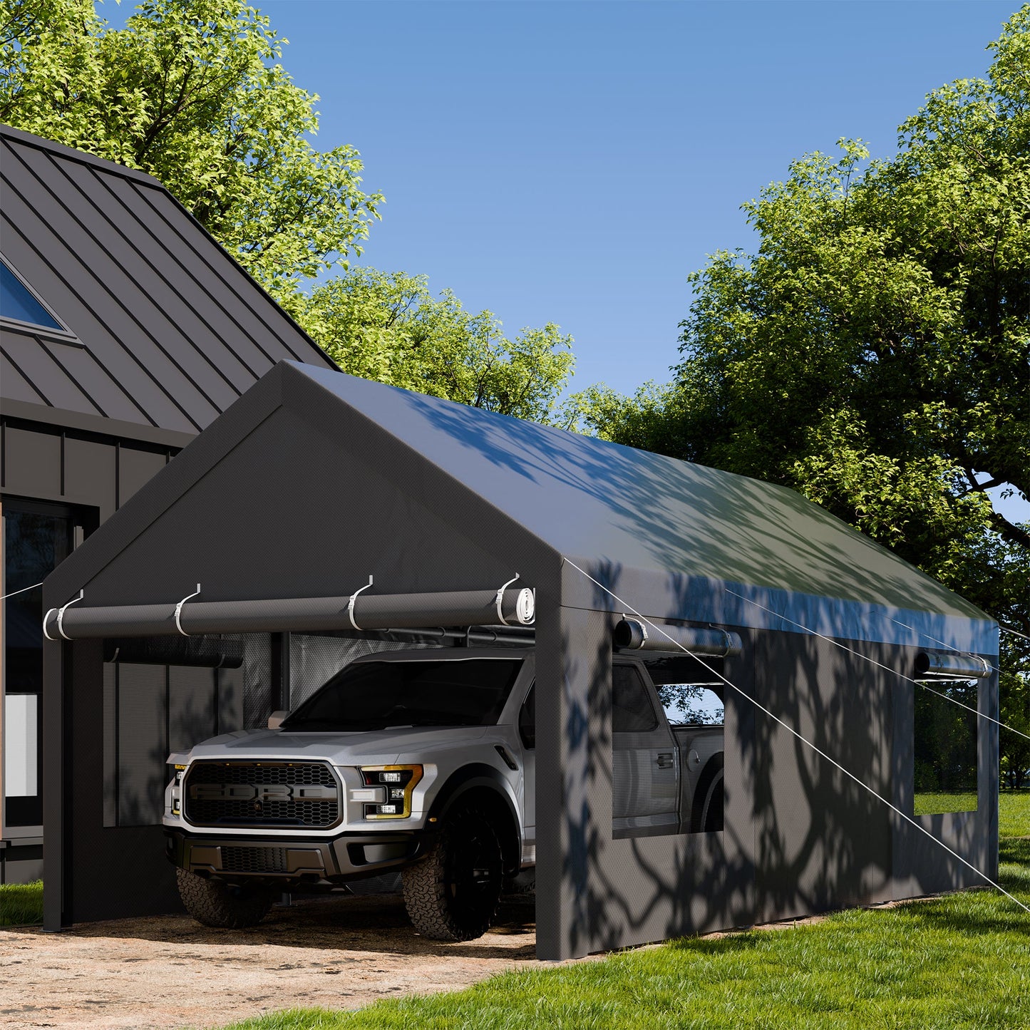 Walsunny Carport, 10x20 ft Heavy Duty Carport Canopy with Roll-up Windows, Portable Garage with Removable Sidewalls & Doors