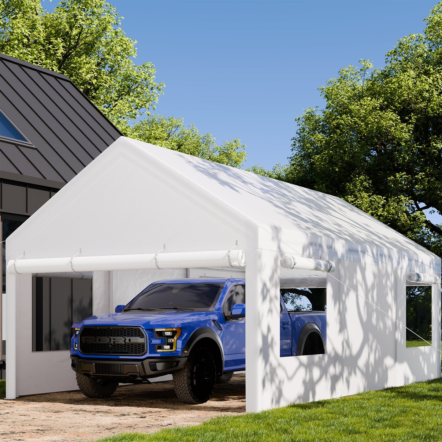 Walsunny Carport, 12x20 ft Heavy Duty Carport Canopy with Roll-up Windows, Portable Garage for Car, Truck, Boat