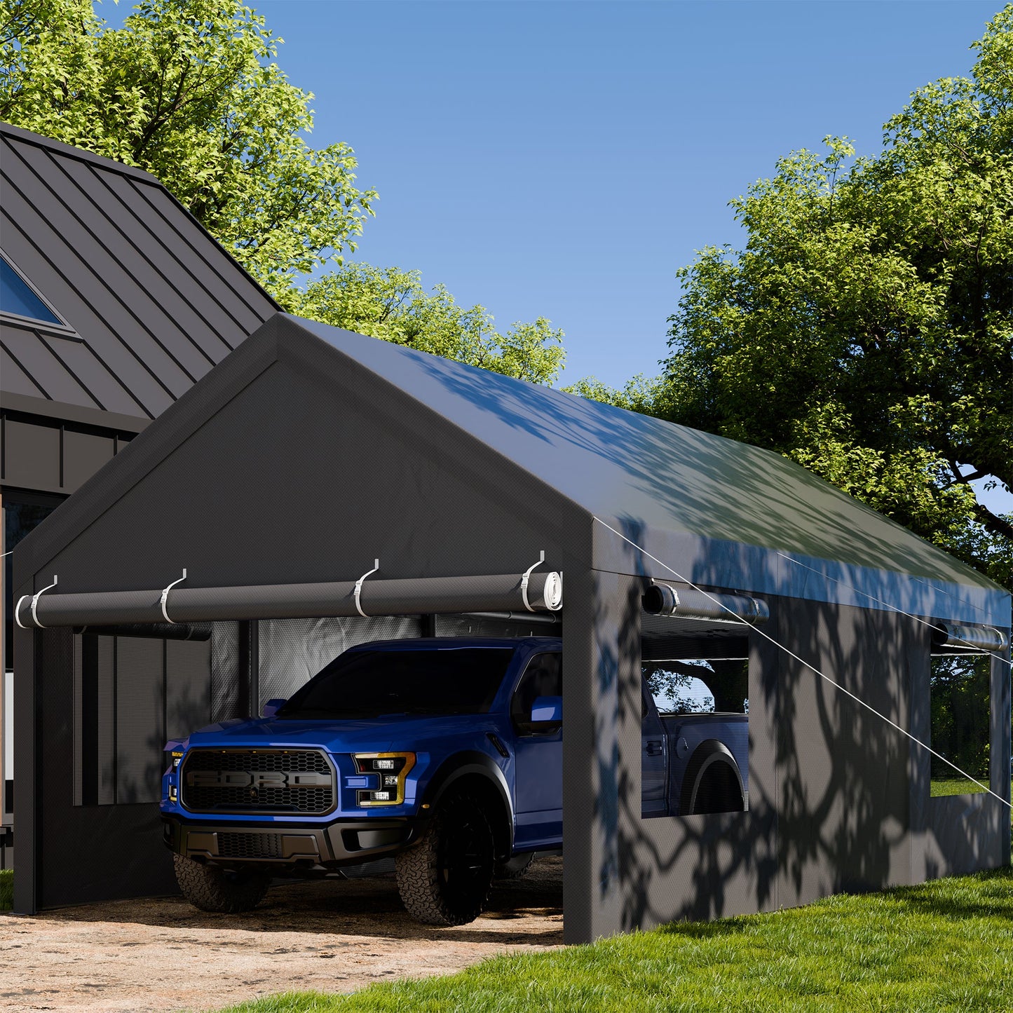 Walsunny Carport, 12x20 ft Heavy Duty Carport Canopy with Roll-up Windows, Portable Garage for Car, Truck, Boat
