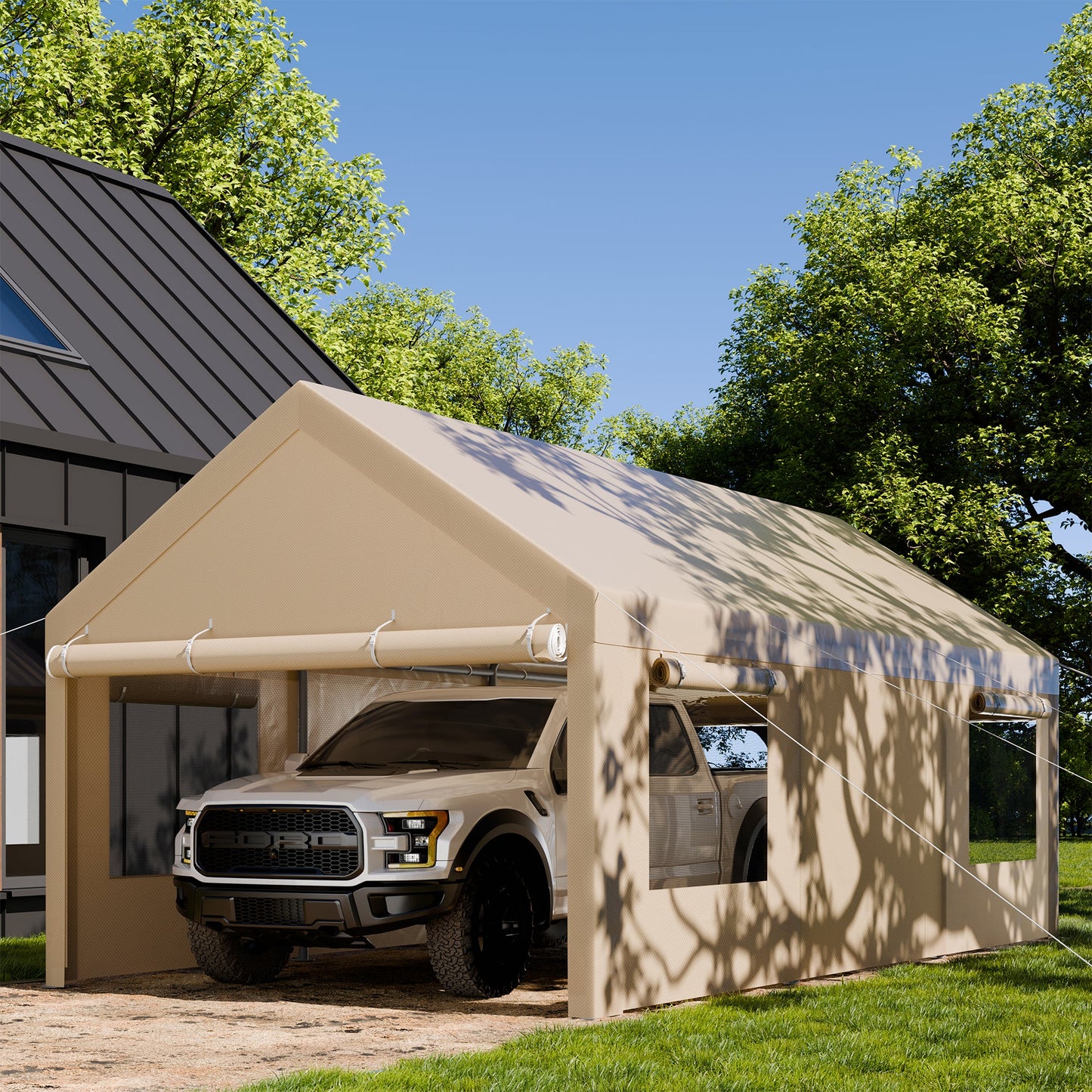 Walsunny Carport, 10x20 ft Heavy Duty Carport Canopy with Roll-up Windows, Portable Garage with Removable Sidewalls & Doors