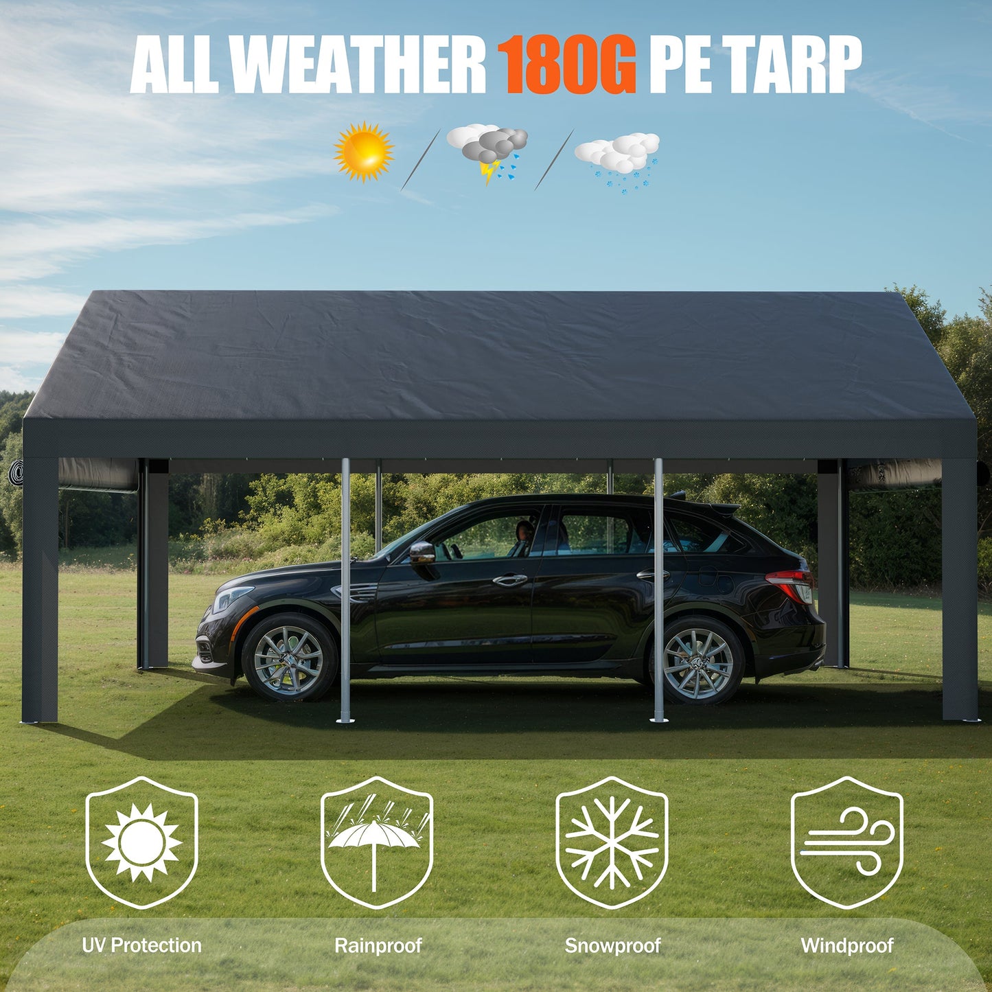 Walsunny Carport, 10x20 ft Heavy Duty Carport Canopy with Roll-up Windows, Portable Garage with Removable Sidewalls & Doors