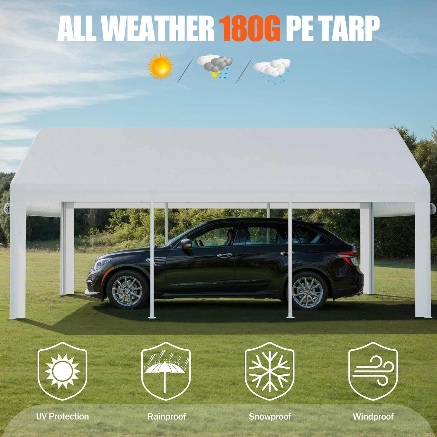Walsunny Carport, 10x20 ft Heavy Duty Carport Canopy with Roll-up Windows, Portable Garage with Removable Sidewalls & Doors