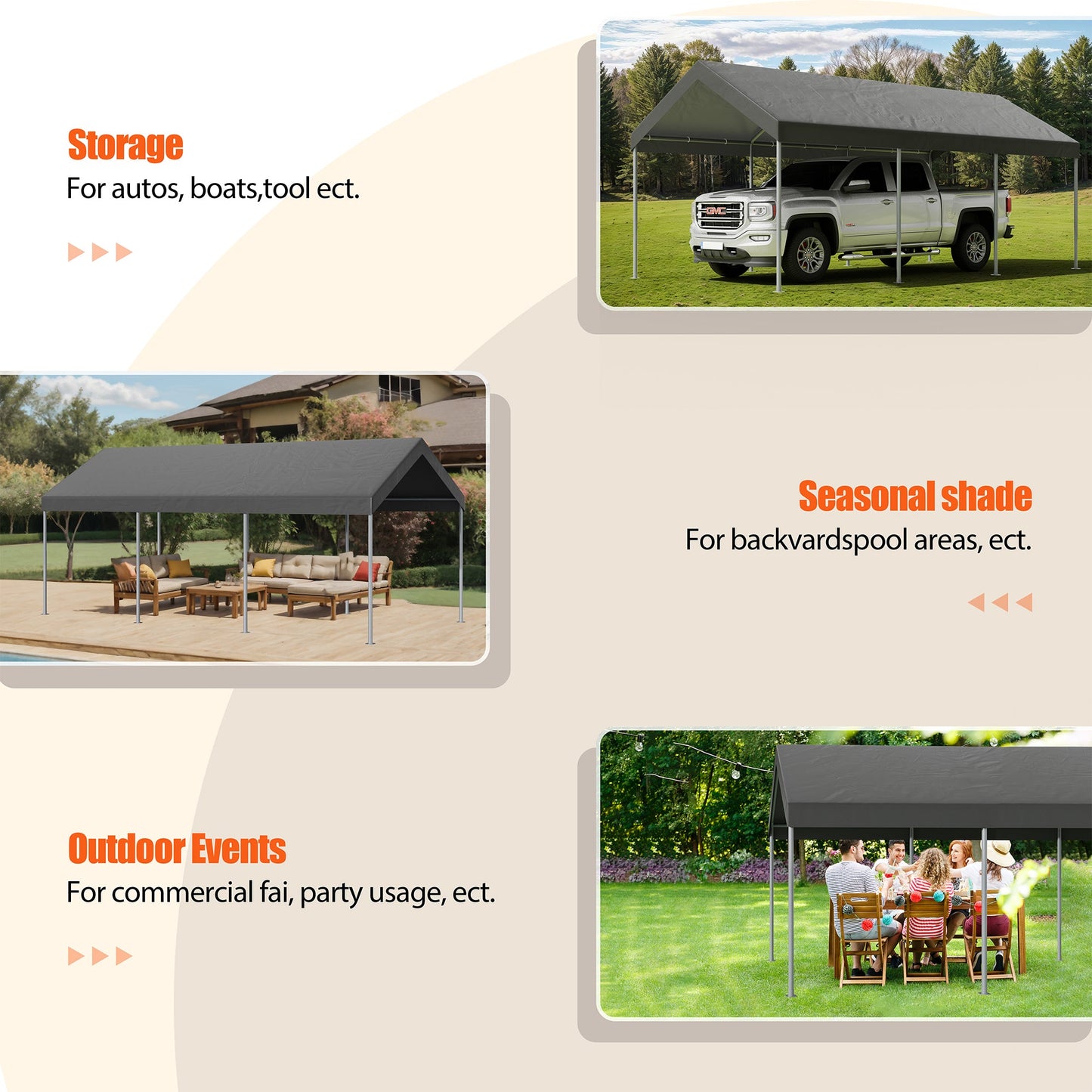 Walsunny Carport 10 x 20 ft Heavy Duty Carport Car Canopy with Powder-Coated Steel Frame,  Shelter Party Tent with 180g PE Tarp for Wedding, Garden