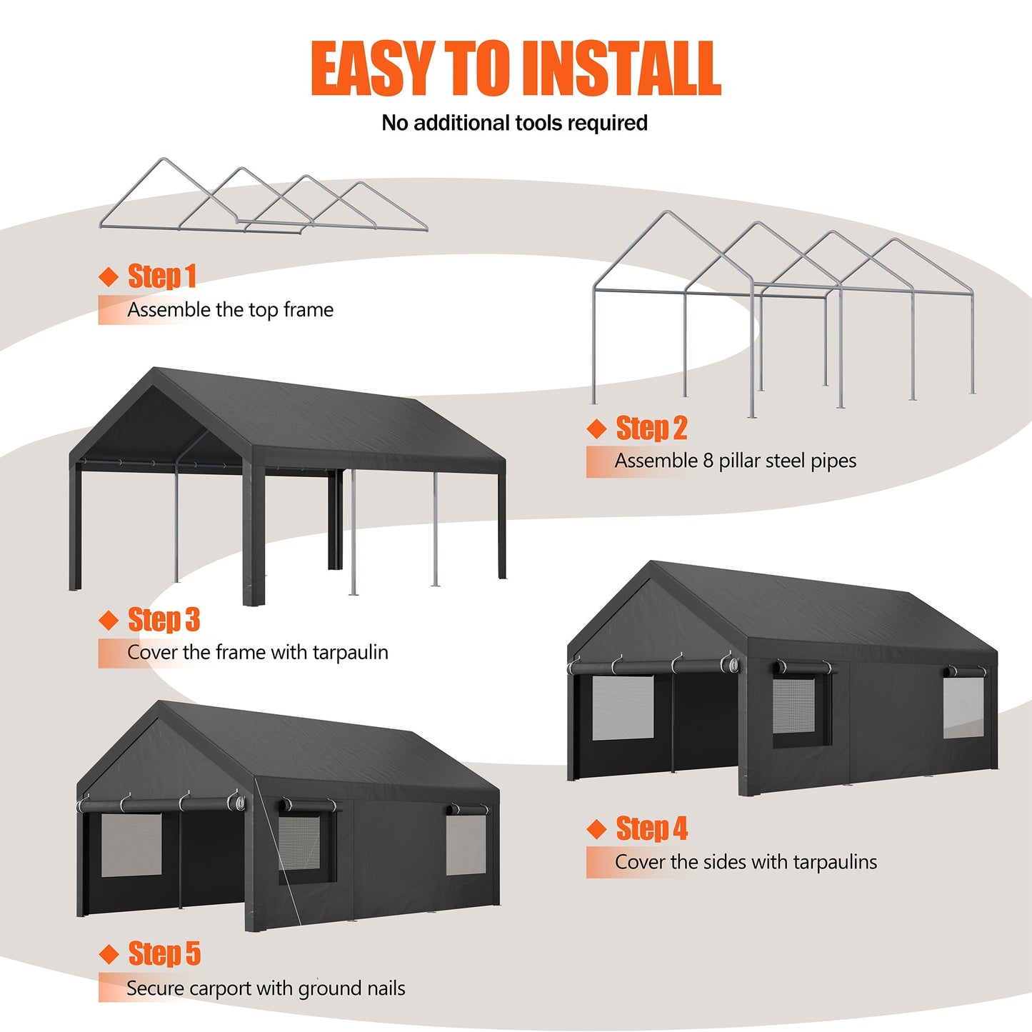 Walsunny Carport, 10x20 ft Heavy Duty Carport Canopy with Roll-up Windows, Portable Garage with Removable Sidewalls & Doors