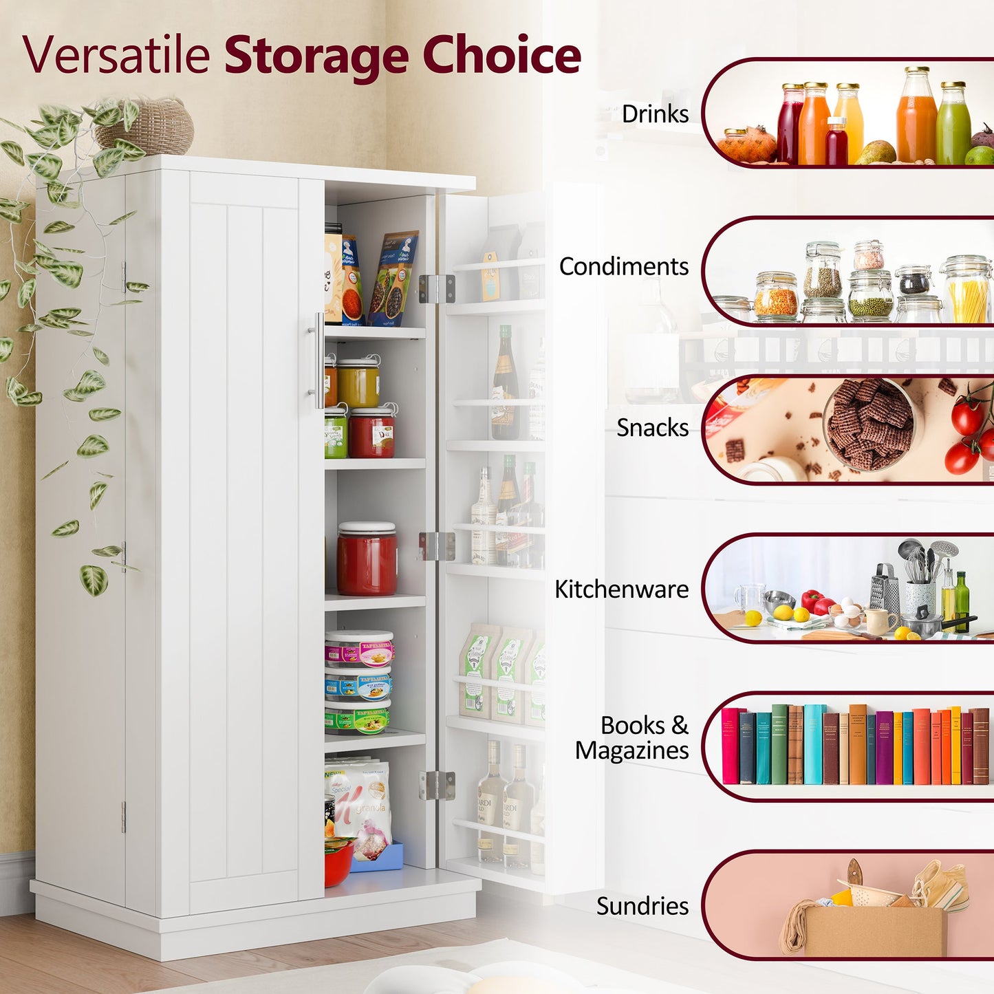 Walsunny 47" Kitchen Pantry Farmhouse Storage Cabinet with Adjustable Shelves, Racks and Doors Freestanding Kitchen Hutch Cupboard