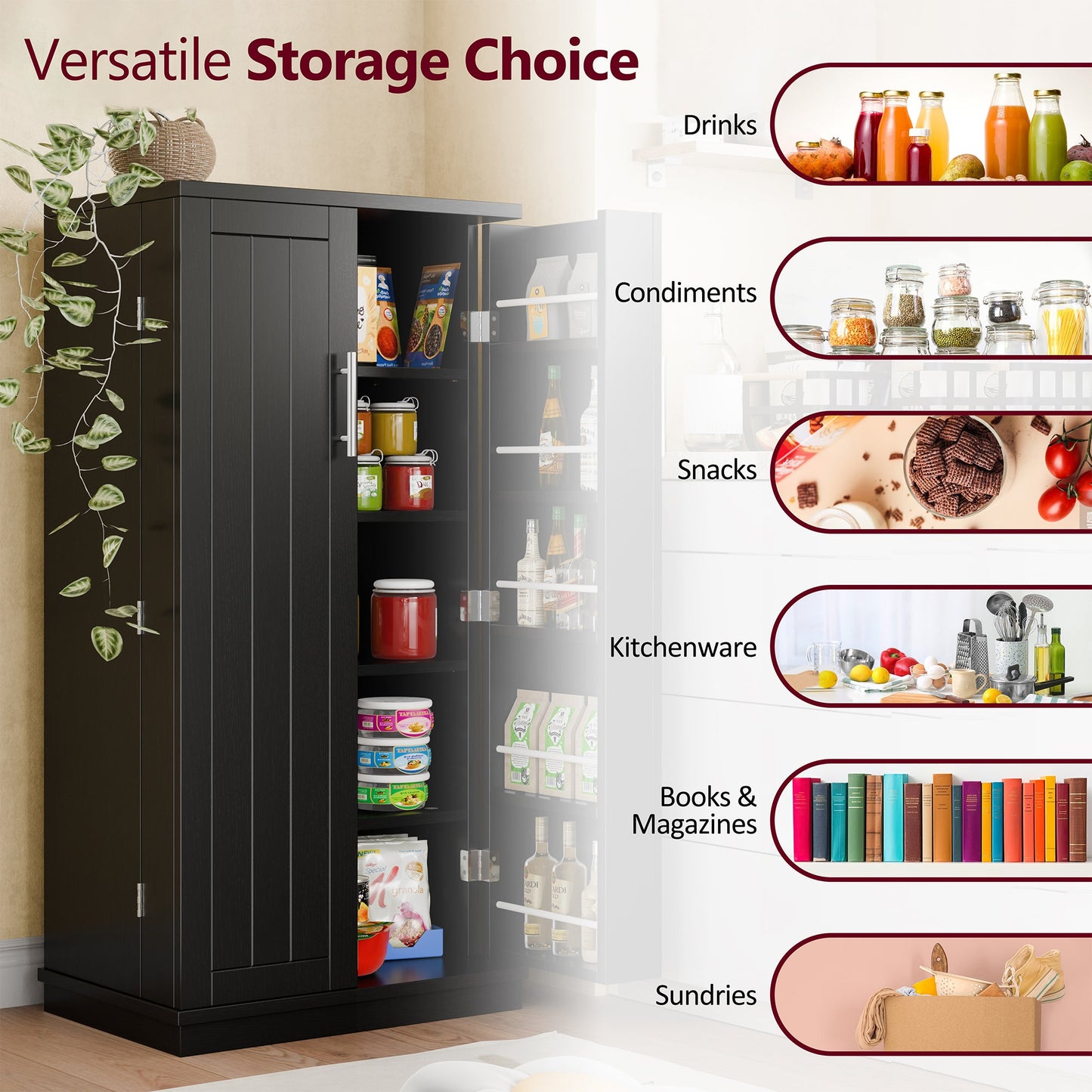 Walsunny 47" Kitchen Pantry Farmhouse Storage Cabinet with Adjustable Shelves, Racks and Doors Freestanding Kitchen Hutch Cupboard