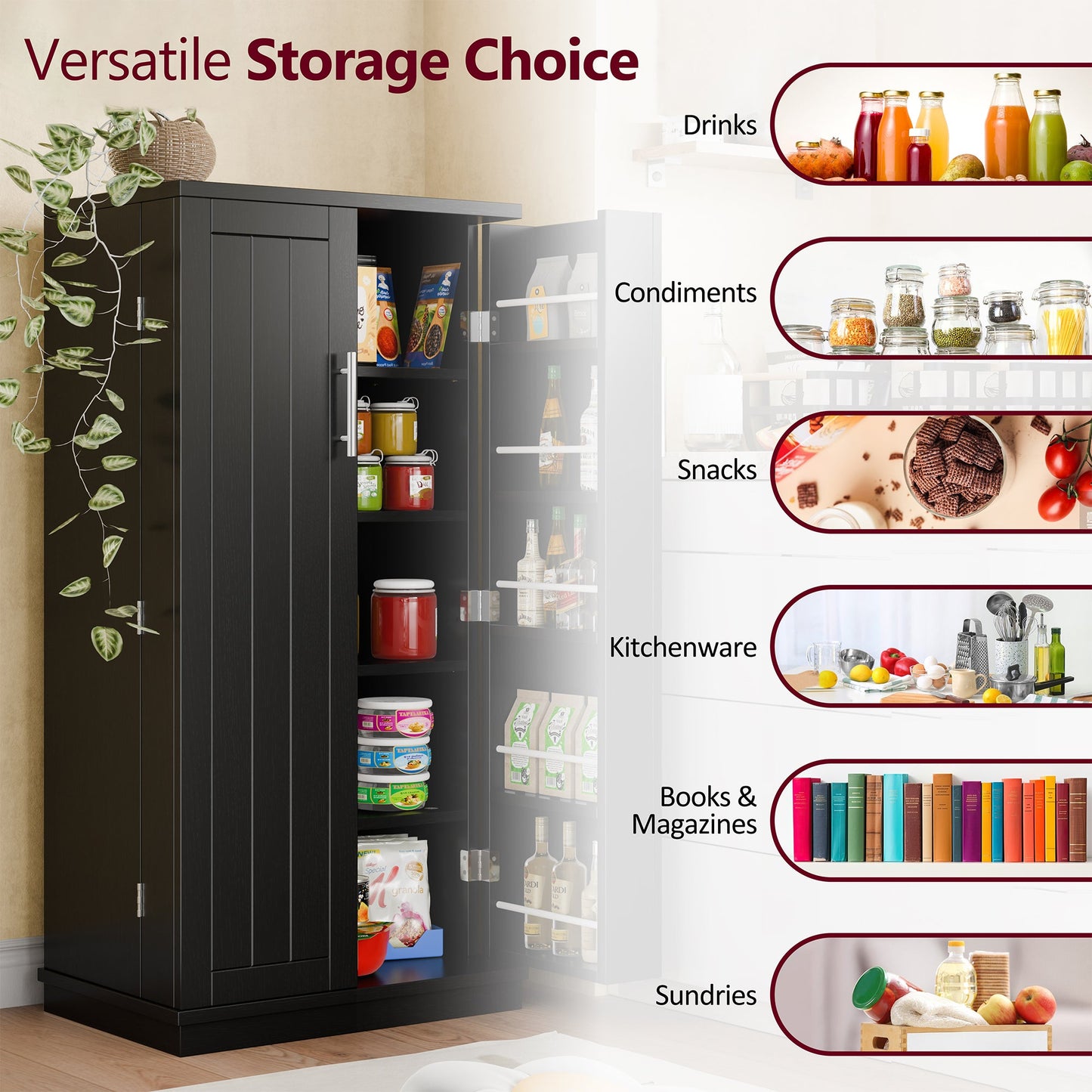 Walsunny 47" Kitchen Pantry Farmhouse Storage Cabinet with Adjustable Shelves, Racks and Doors Freestanding Kitchen Hutch Cupboard