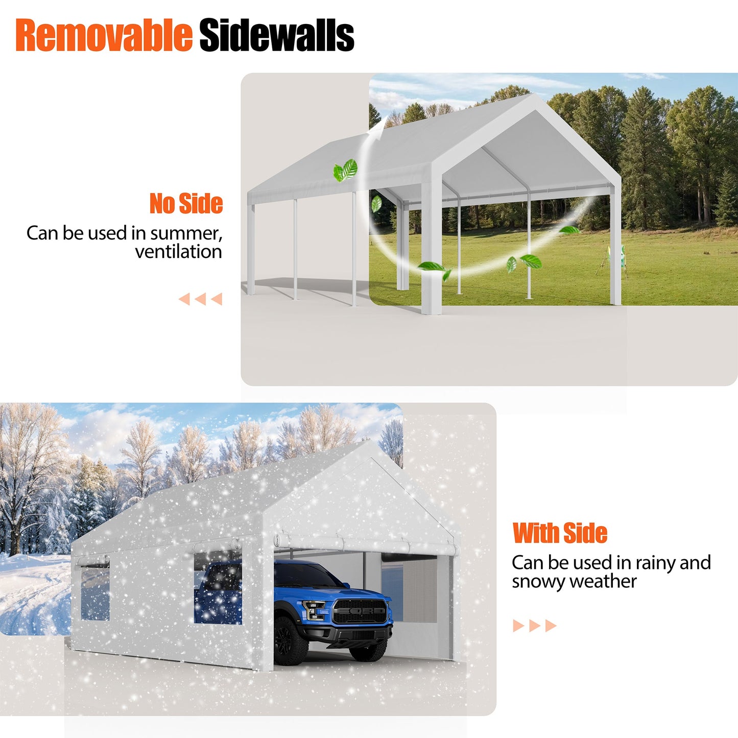 Walsunny Carport, 10x20 ft Heavy Duty Carport Canopy with Roll-up Windows, Portable Garage with Removable Sidewalls & Doors