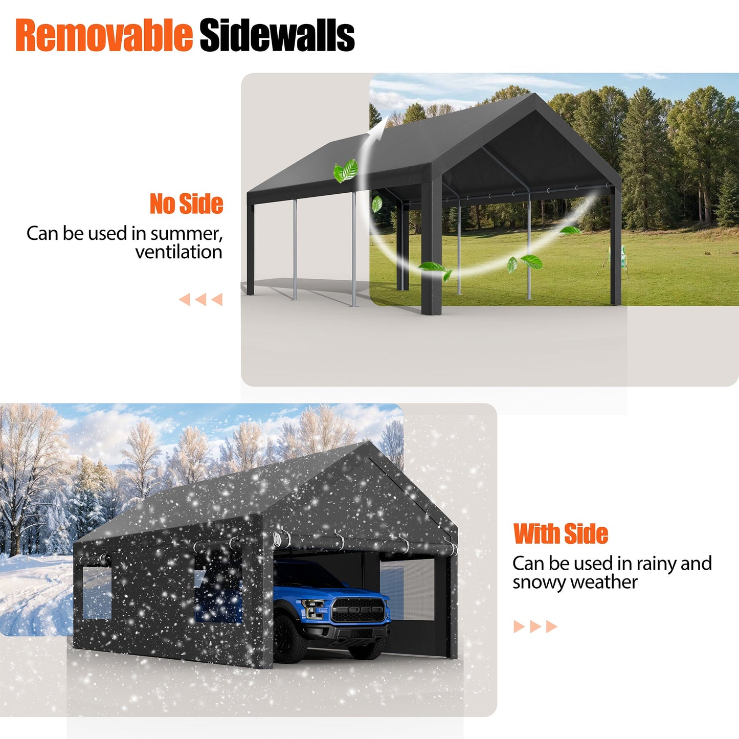 Walsunny Carport, 10x20 ft Heavy Duty Carport Canopy with Roll-up Windows, Portable Garage with Removable Sidewalls & Doors