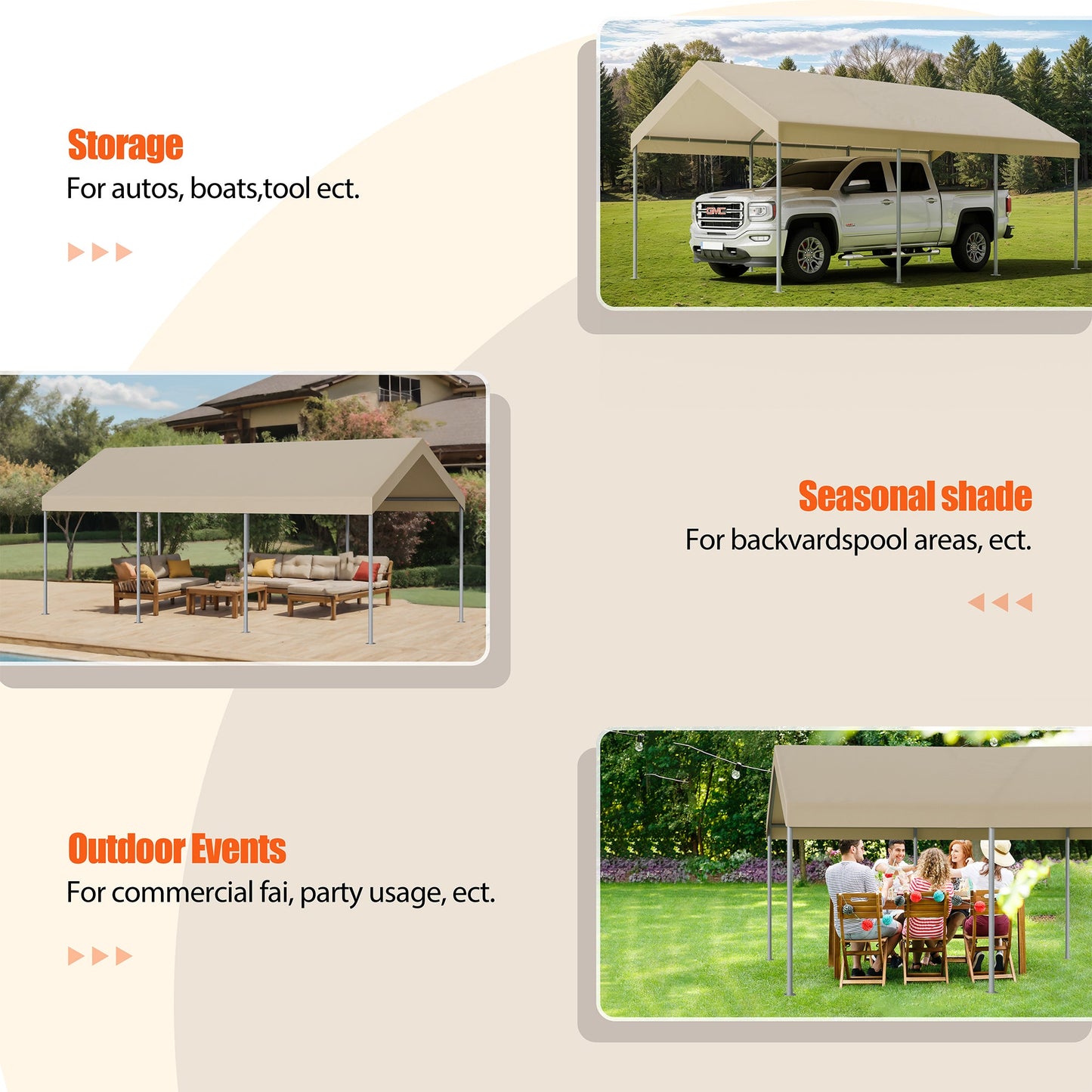 Walsunny Carport 10 x 20 ft Heavy Duty Carport Car Canopy with Powder-Coated Steel Frame,  Shelter Party Tent with 180g PE Tarp for Wedding, Garden