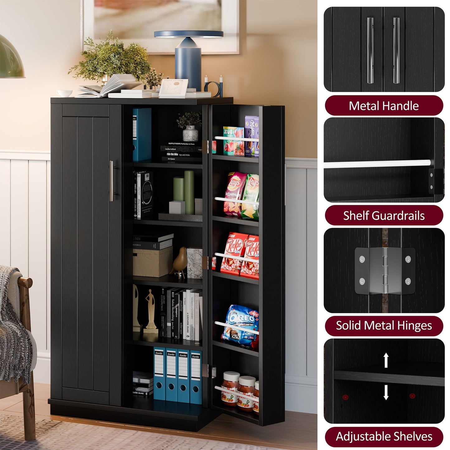 Walsunny 47" Kitchen Pantry Farmhouse Storage Cabinet with Adjustable Shelves, Racks and Doors Freestanding Kitchen Hutch Cupboard