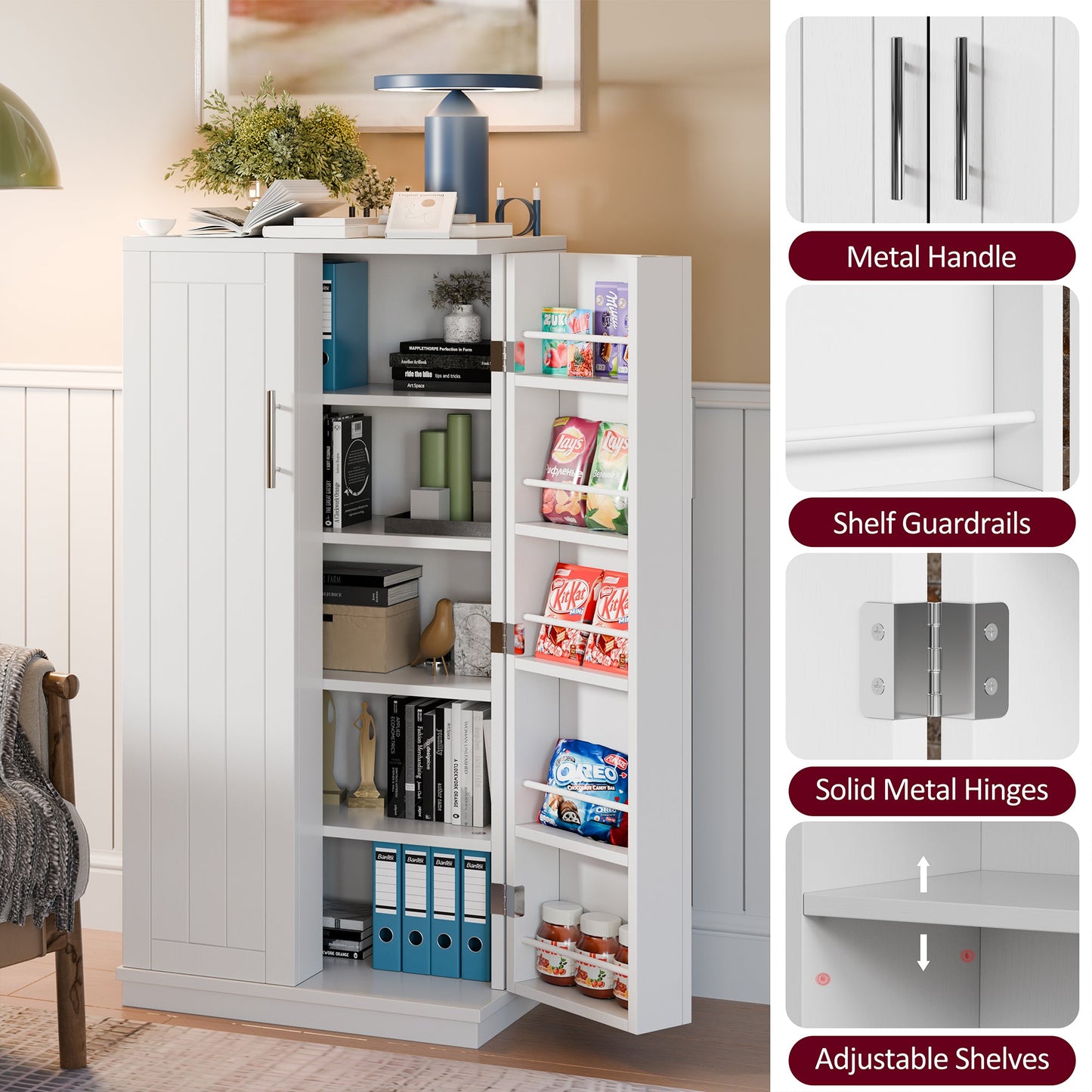 Walsunny 47" Kitchen Pantry Farmhouse Storage Cabinet with Adjustable Shelves, Racks and Doors Freestanding Kitchen Hutch Cupboard