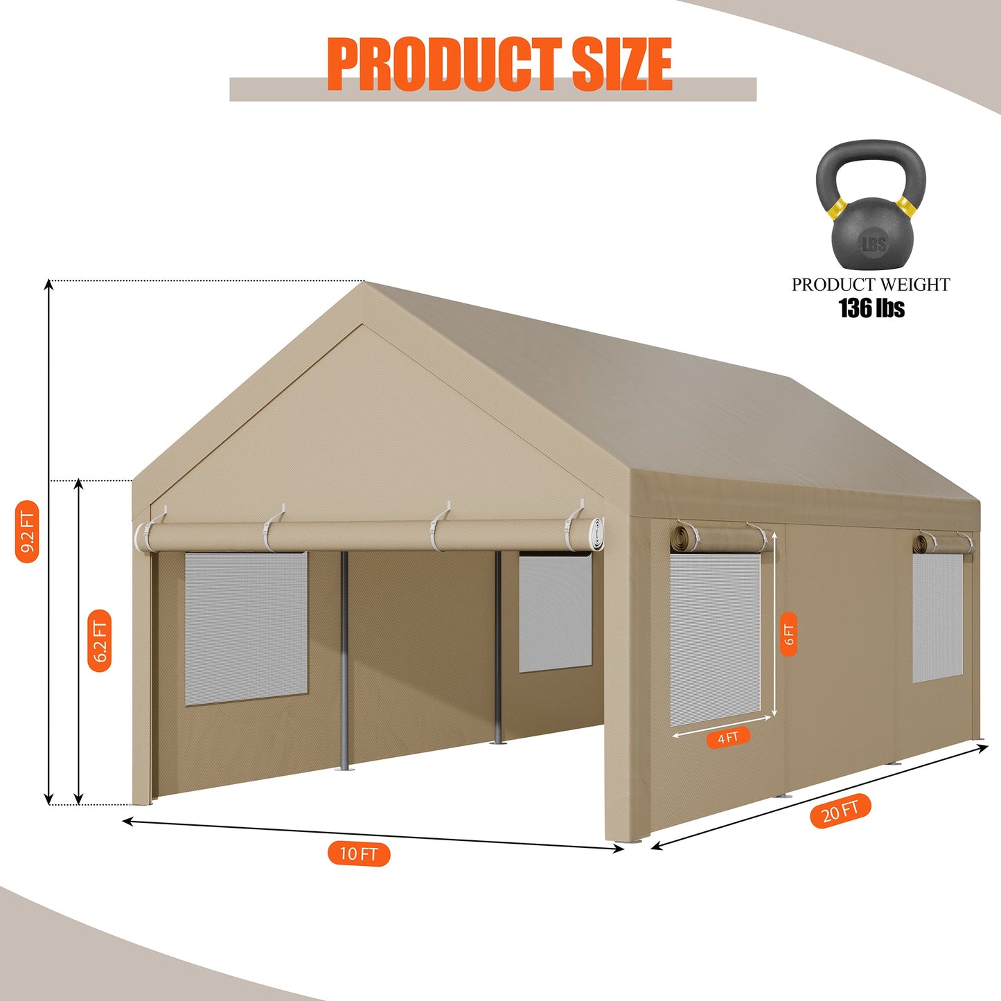 Walsunny Carport, 10x20 ft Heavy Duty Carport Canopy with Roll-up Windows, Portable Garage with Removable Sidewalls & Doors