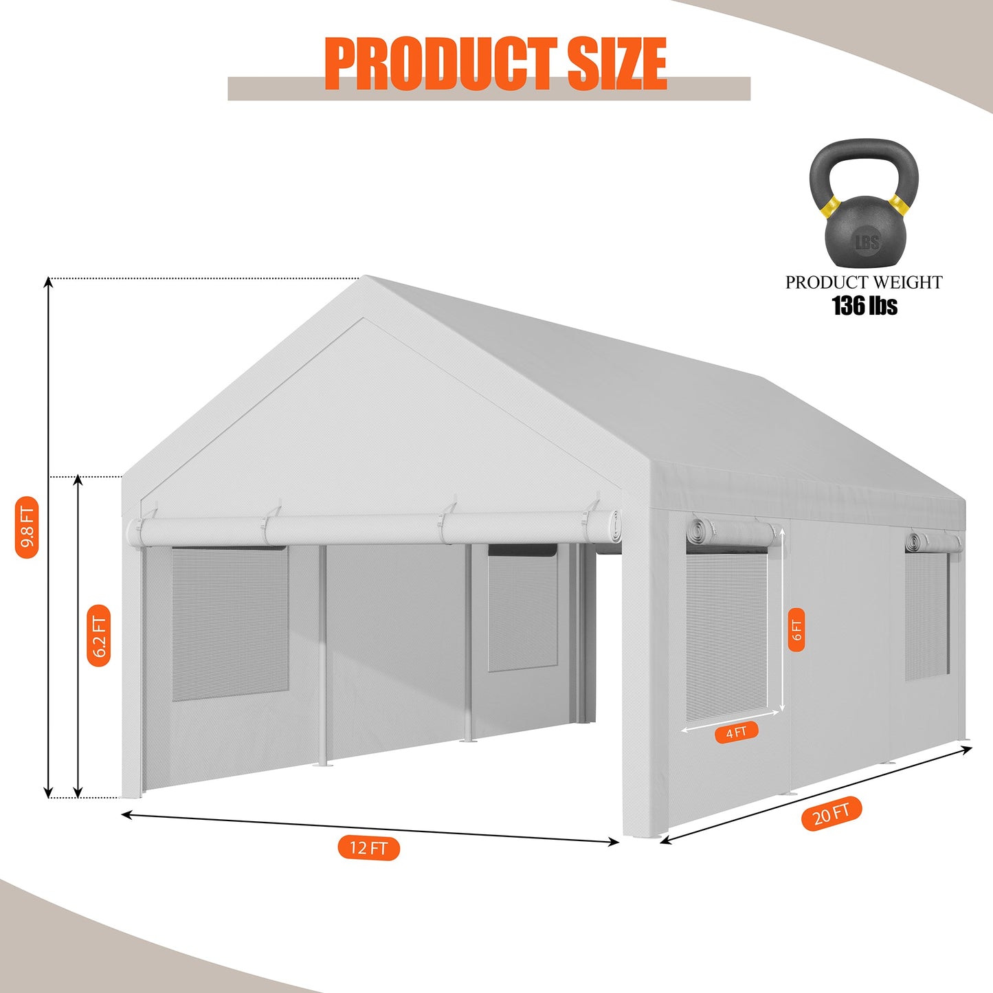 Walsunny Carport, 12x20 ft Heavy Duty Carport Canopy with Roll-up Windows, Portable Garage for Car, Truck, Boat
