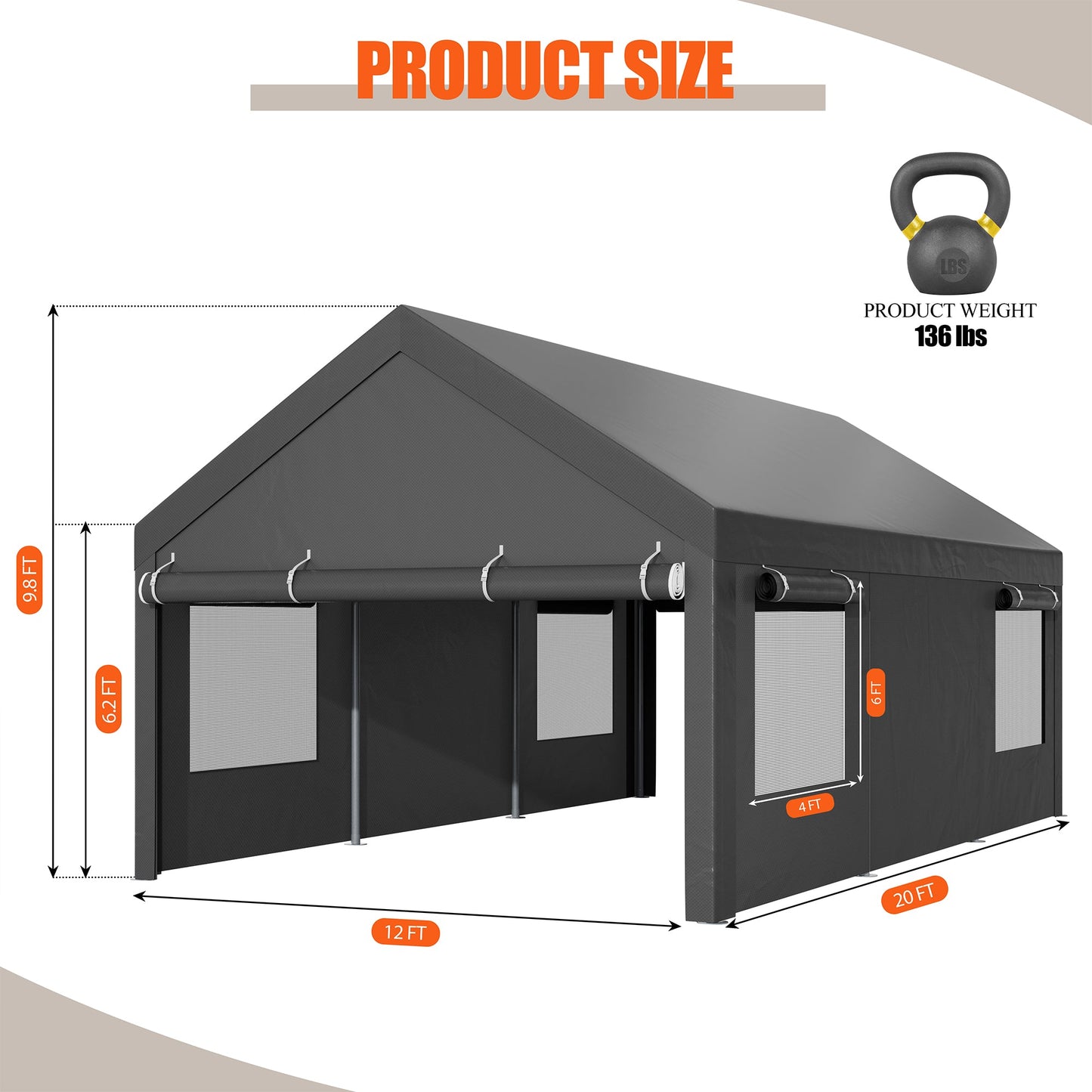 Walsunny Carport, 12x20 ft Heavy Duty Carport Canopy with Roll-up Windows, Portable Garage for Car, Truck, Boat