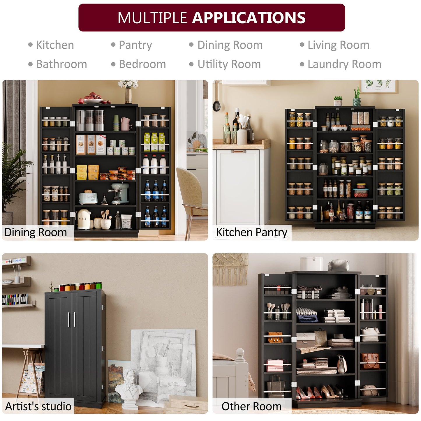 Walsunny 47" Kitchen Pantry Farmhouse Storage Cabinet with Adjustable Shelves, Racks and Doors Freestanding Kitchen Hutch Cupboard