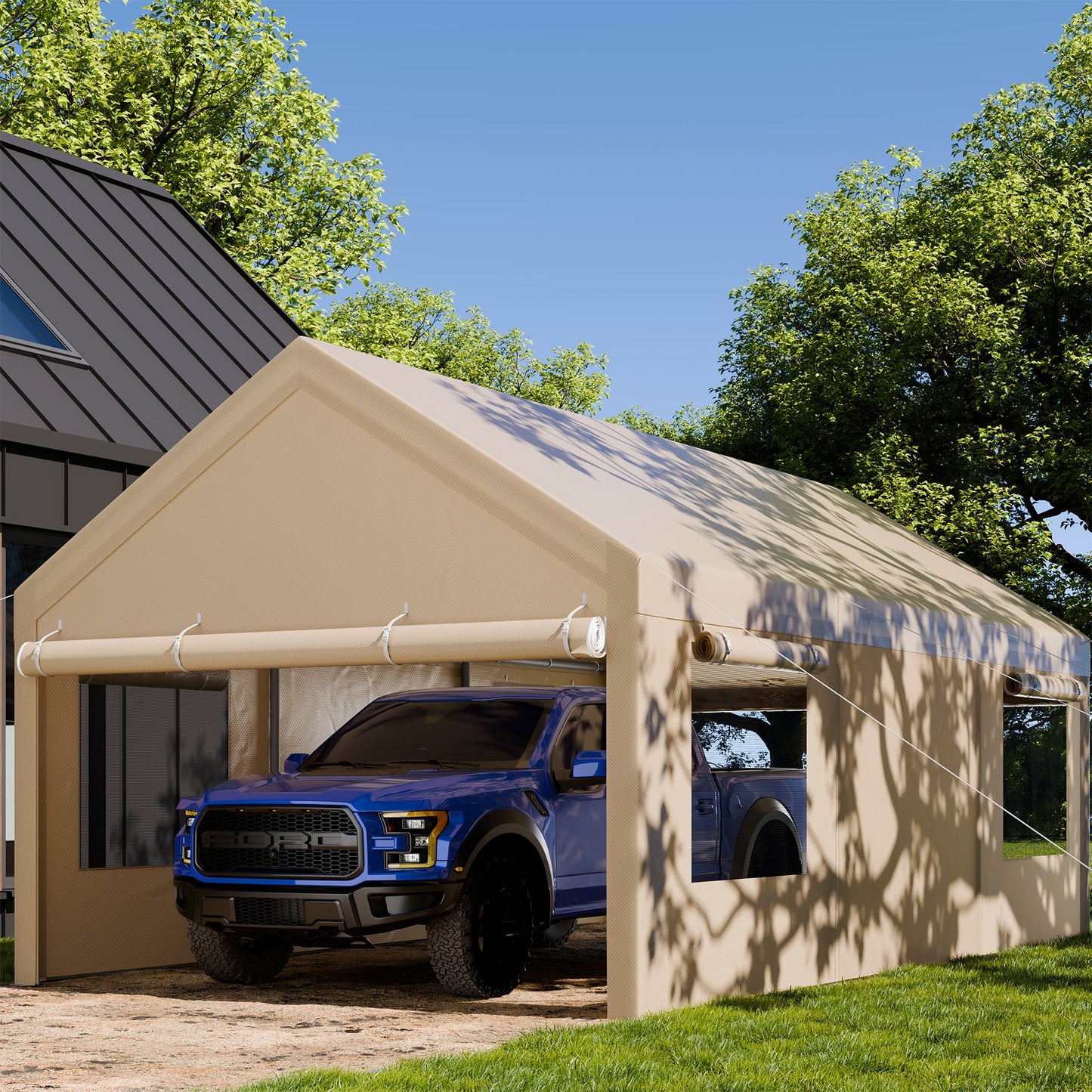 Walsunny Carport, 12x20 ft Heavy Duty Carport Canopy with Roll-up Windows, Portable Garage for Car, Truck, Boat