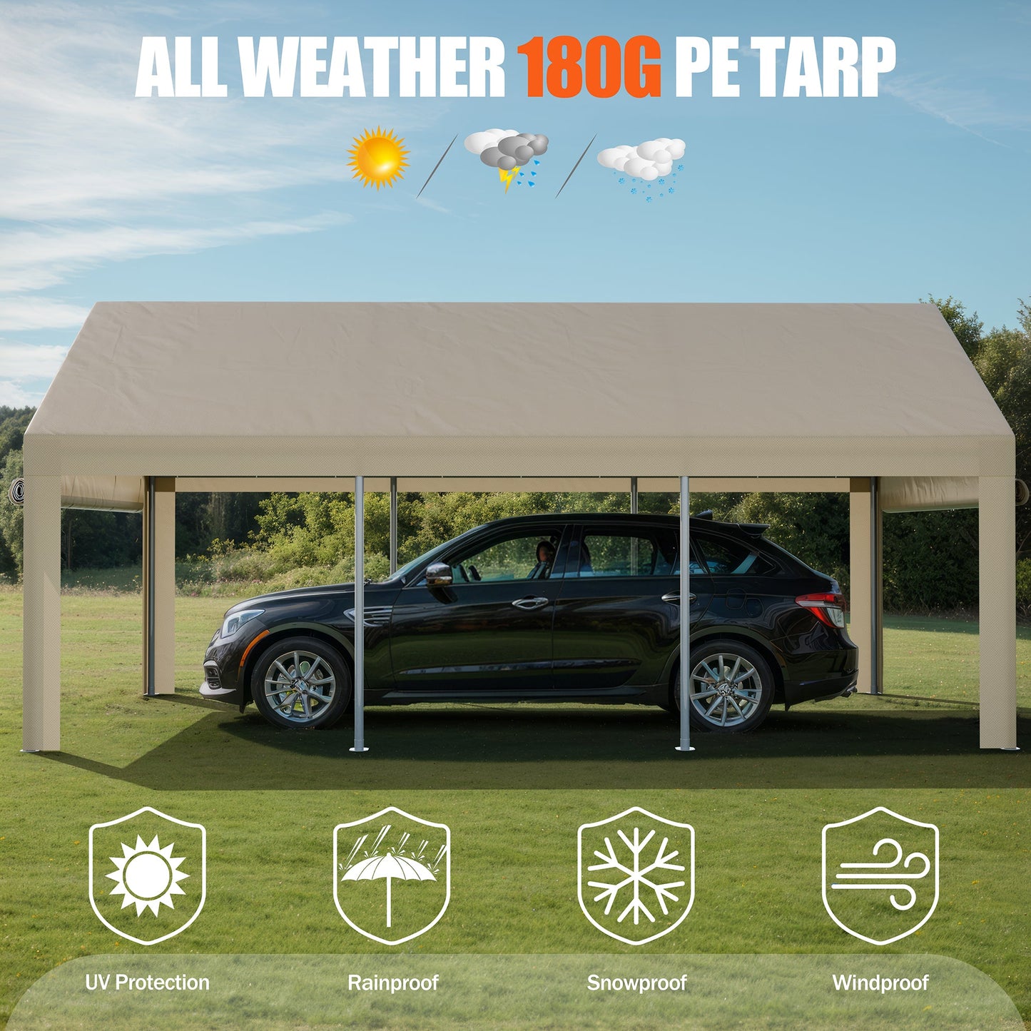 Walsunny Carport, 10x20 ft Heavy Duty Carport Canopy with Roll-up Windows, Portable Garage with Removable Sidewalls & Doors