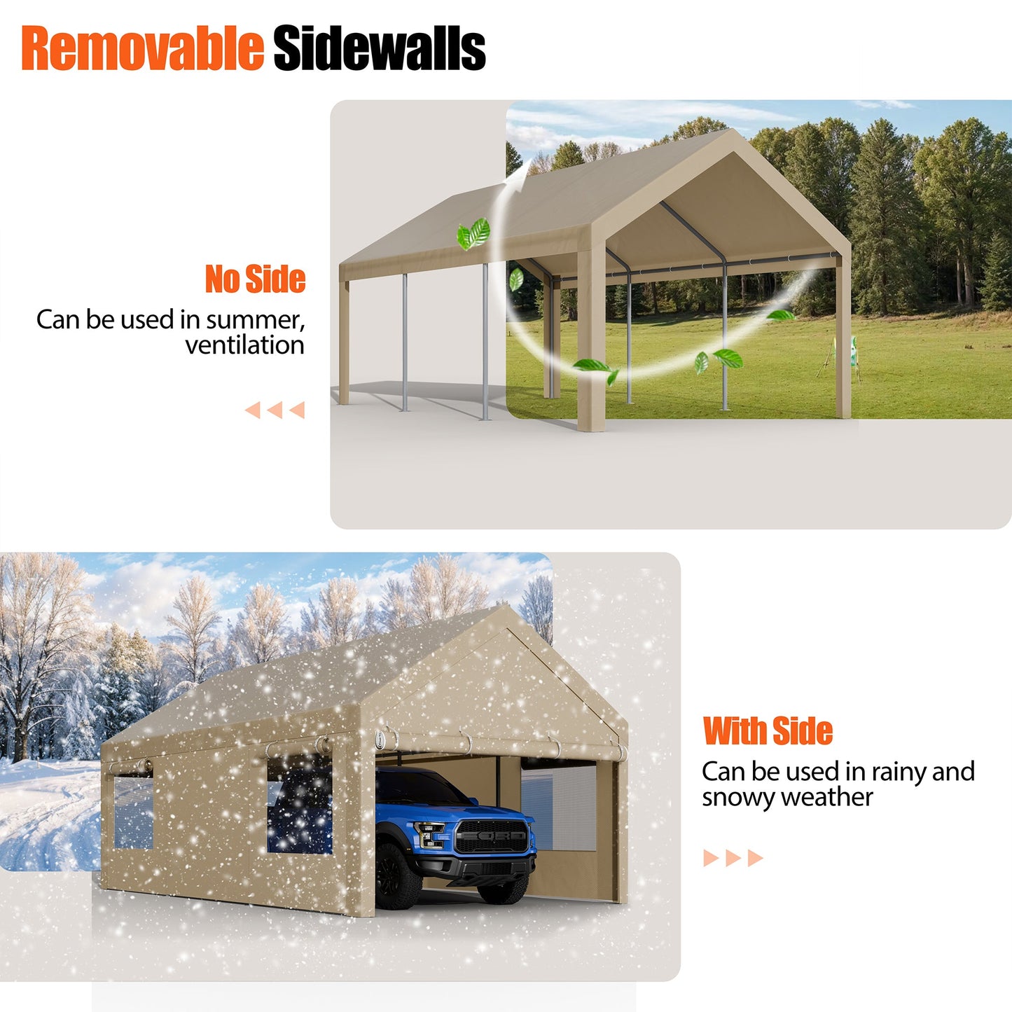Walsunny Carport, 10x20 ft Heavy Duty Carport Canopy with Roll-up Windows, Portable Garage with Removable Sidewalls & Doors