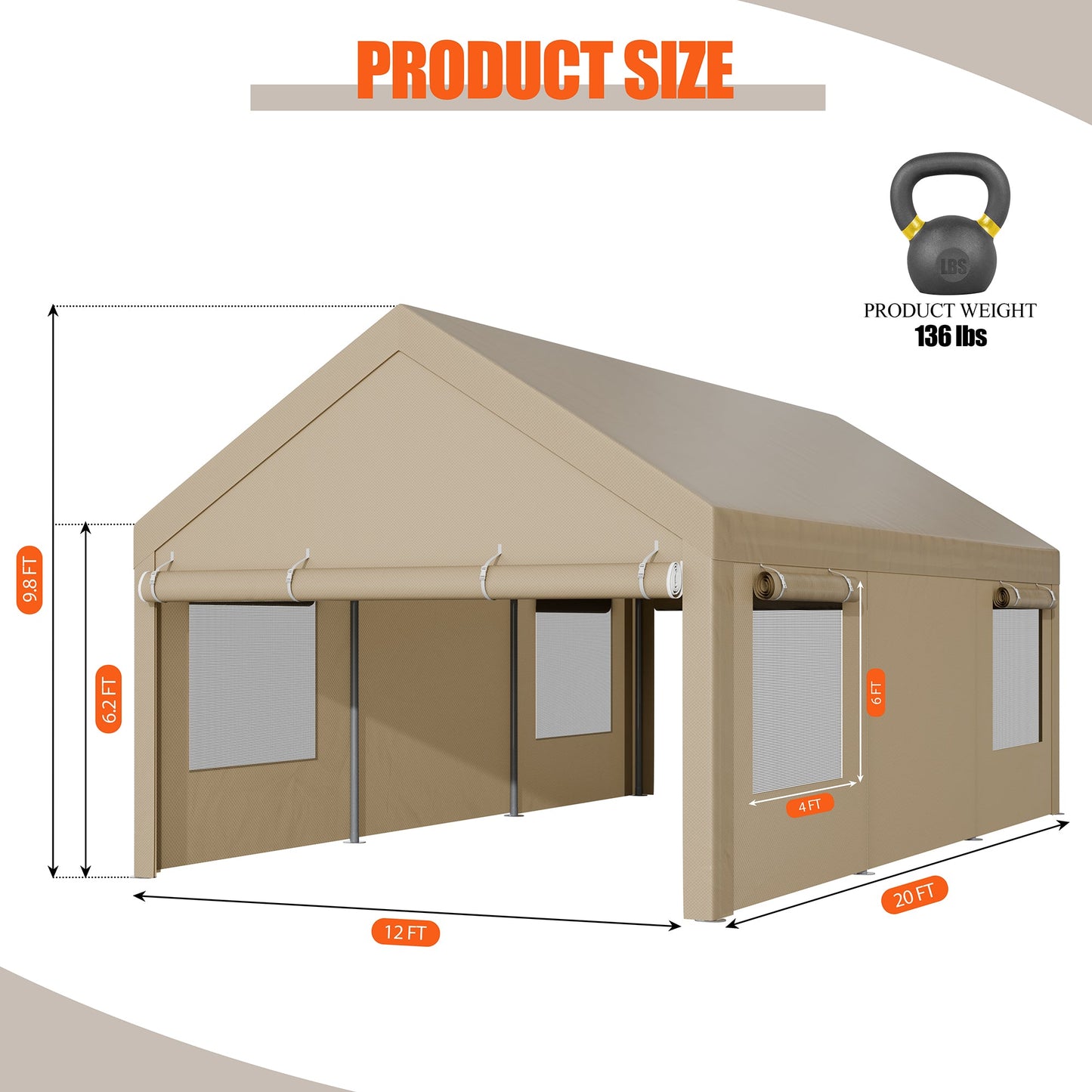 Walsunny Carport, 12x20 ft Heavy Duty Carport Canopy with Roll-up Windows, Portable Garage for Car, Truck, Boat
