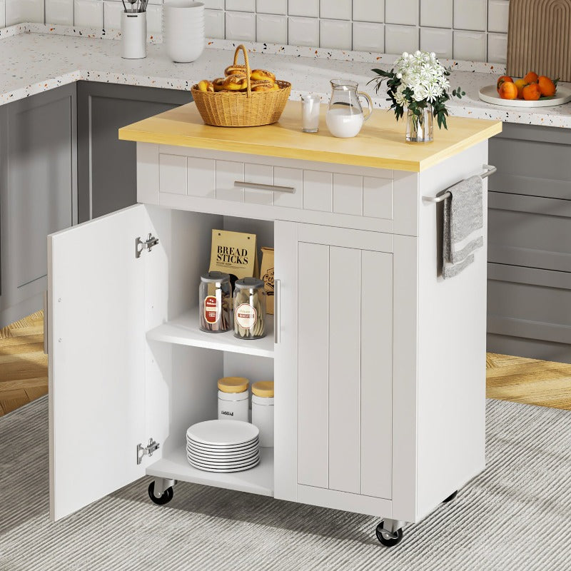Walsunny 26‘’ Rolling Kitchen Island with Solid Wood Top#color_white