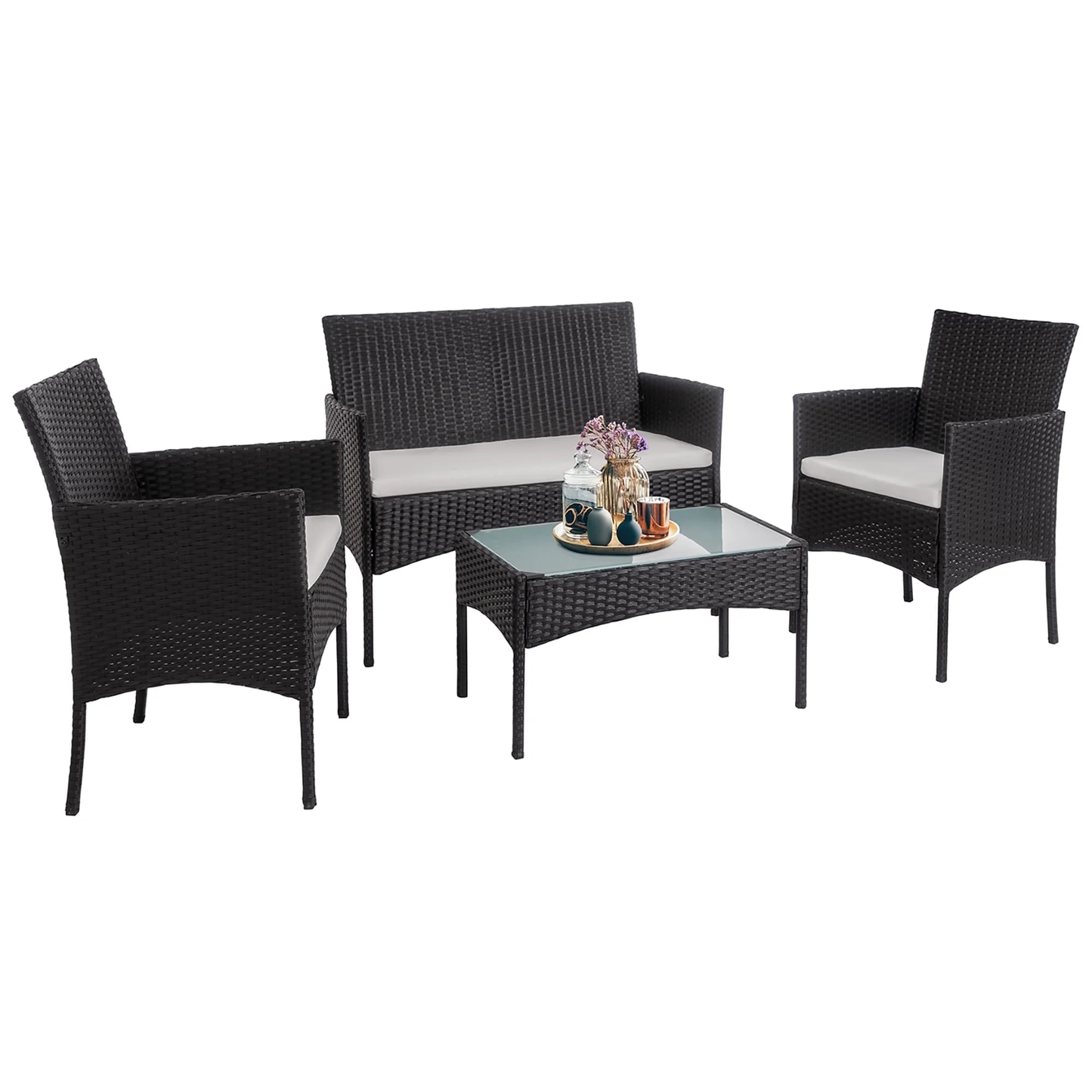 -Piece Rattan Patio Furniture Set, Outdoor Table & Chair Set with Tempered Glass Coffee Table, Cushion, Wicker Conversation Set for Garden, Lawn, Poolside and Backyard,