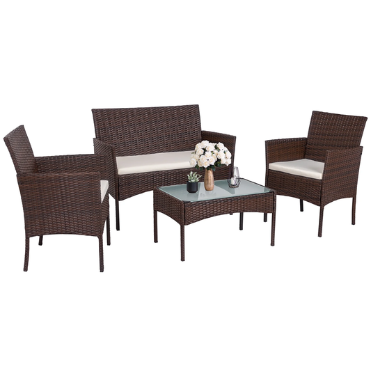 -Piece Rattan Patio Furniture Set, Outdoor Table & Chair Set with Tempered Glass Coffee Table, Cushion, Wicker Conversation Set for Garden, Lawn, Poolside and Backyard,