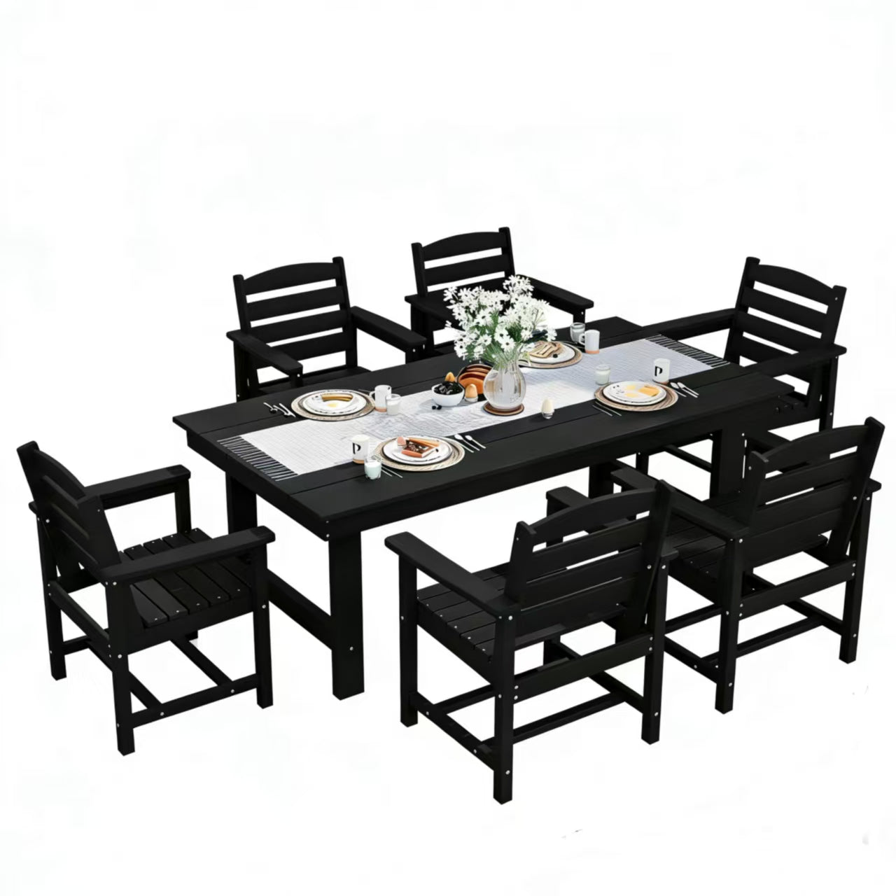 Walsunny 5/7-Piece Polywood Outdoor Dining Furniture,All-Weather HDPE Patio Furniture Set,Dining Table Set with Umbrella Hole,Black