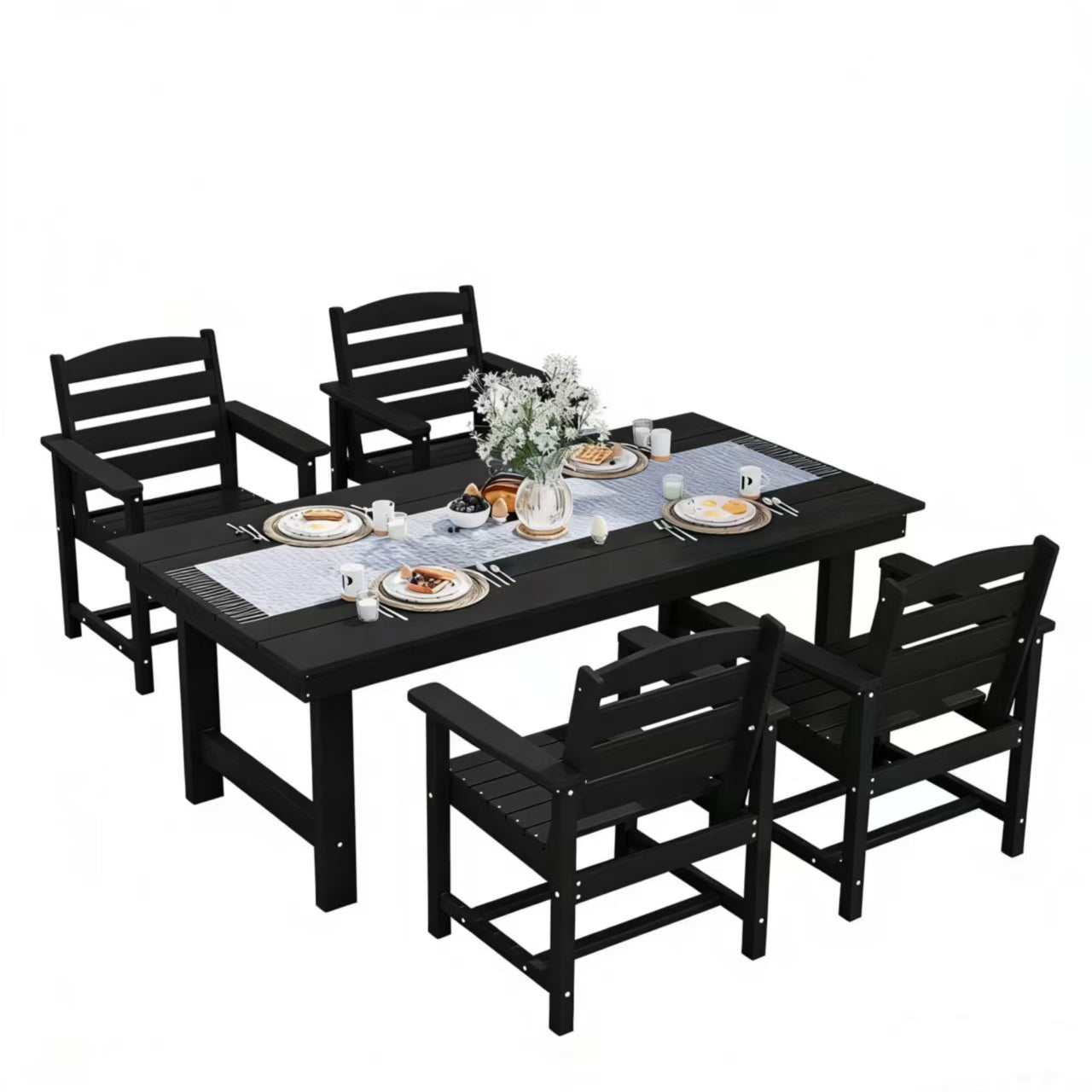 Walsunny 5/7-Piece Polywood Outdoor Dining Furniture,All-Weather HDPE Patio Furniture Set,Dining Table Set with Umbrella Hole,Black