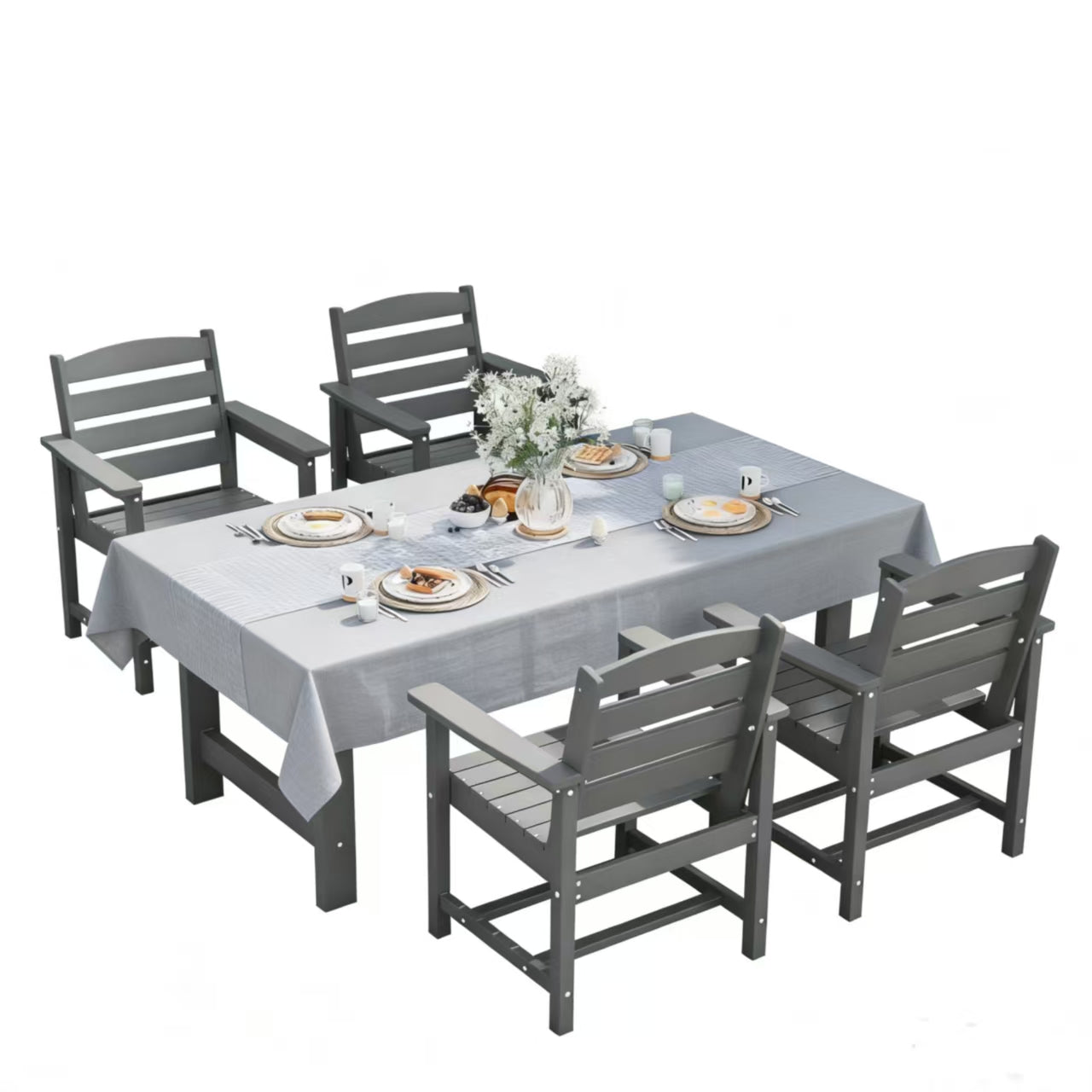Walsunny 5/7-Piece Polywood Outdoor Dining Furniture,All-Weather HDPE Patio Furniture Set,Dining Table Set with Umbrella Hole,Black