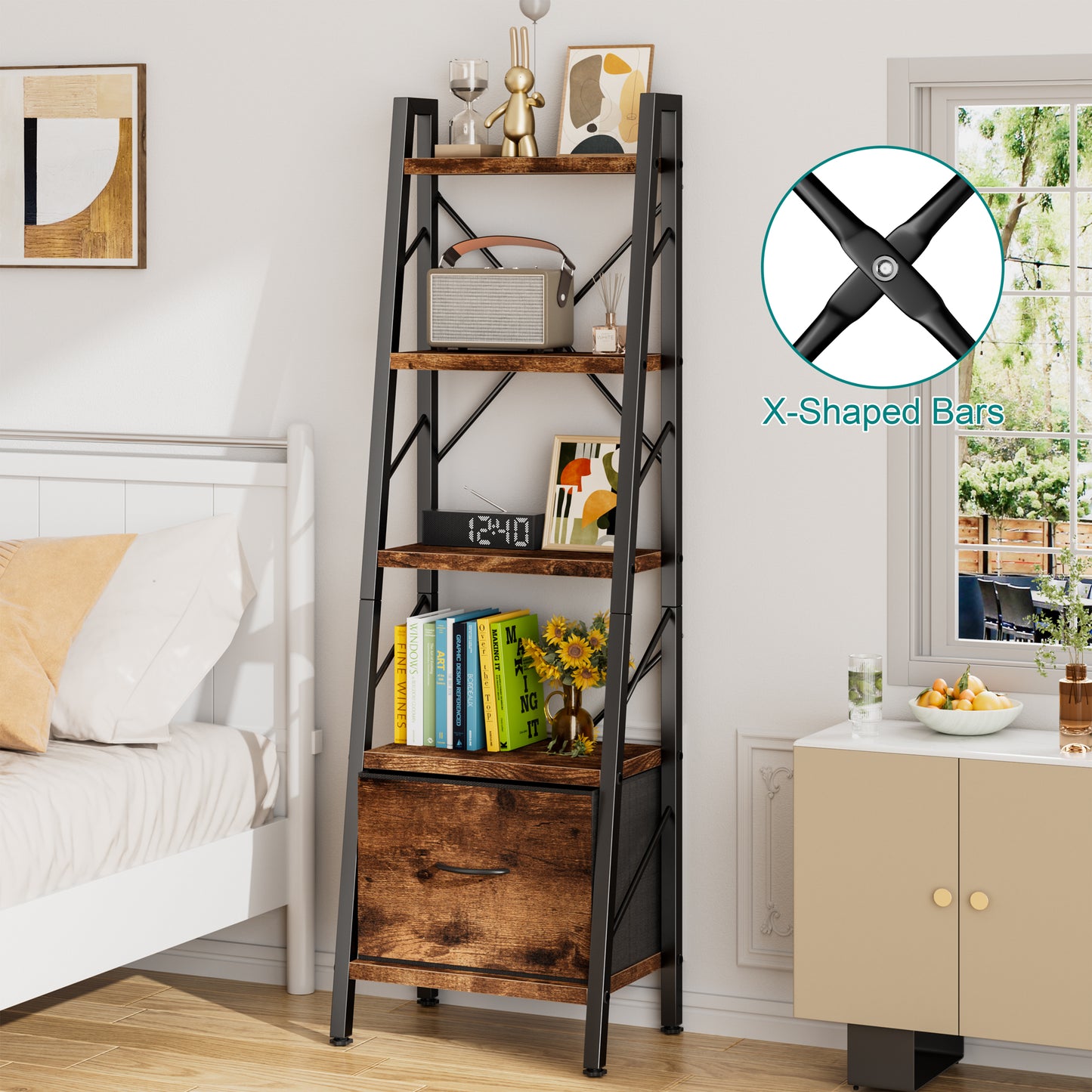 Walsunny Ladder Bookshelf Organizer, Solid Rubberwood Frame, Espresso Finish, 16.7" D x 12" W x 55.7" H