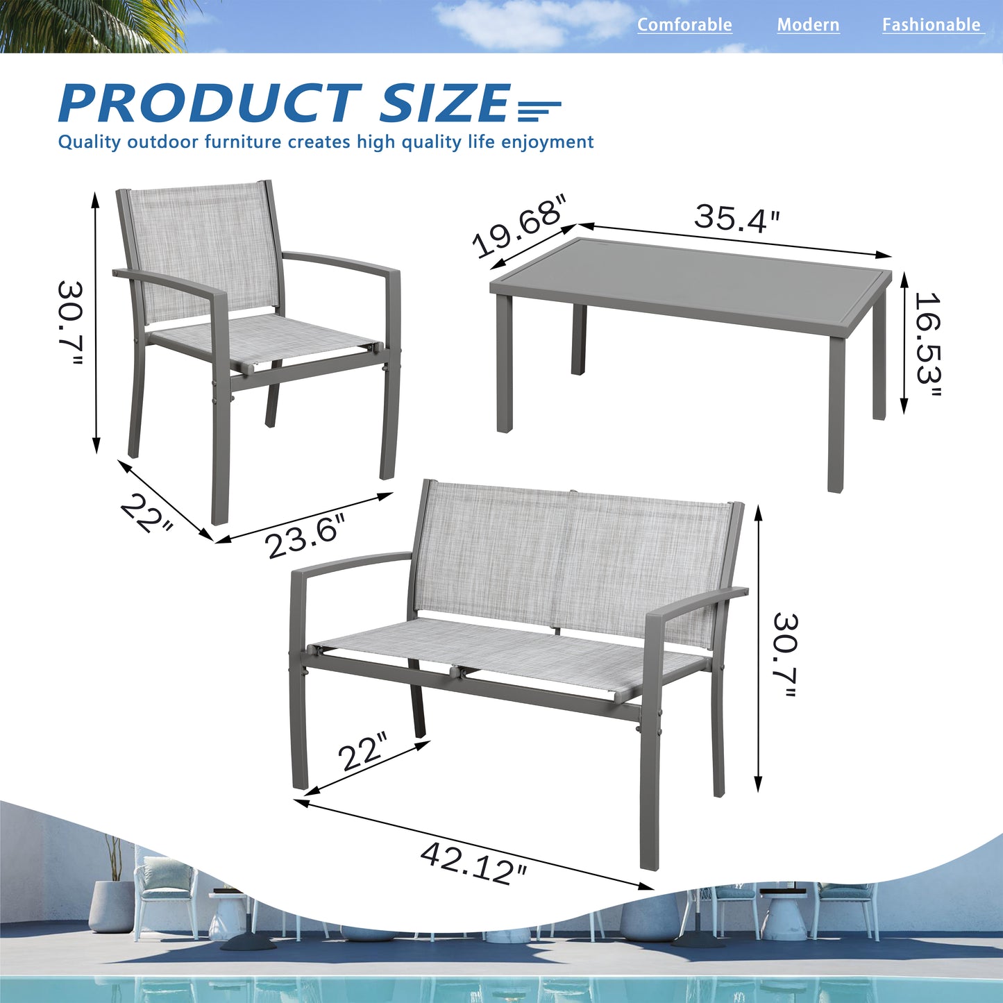 Walsunny Patio Furniture 4 Pieces Outdoor Texilene Loveseat Set & Glass Table