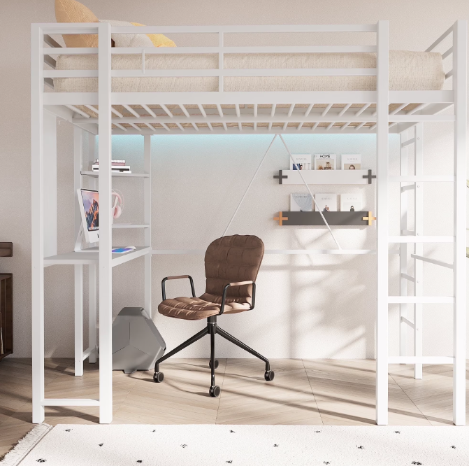 Walsunny Loft Bed with Desk, Metal Bed with Huge Under Space for Kids Student Bedroom Loft Dormitory
