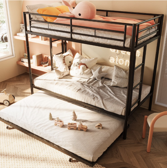 Walsunny Bunk Beds Twin Metal Loft Beds Frame with Pullout Trundle Guardrail Secured Ladder for Adults Girls Boys Bedroom Loft Dormitory,Black