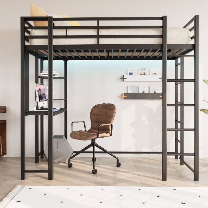 Walsunny Loft Bed with Desk, Metal Bed with Huge Under Space for Kids Student Bedroom Loft Dormitory
