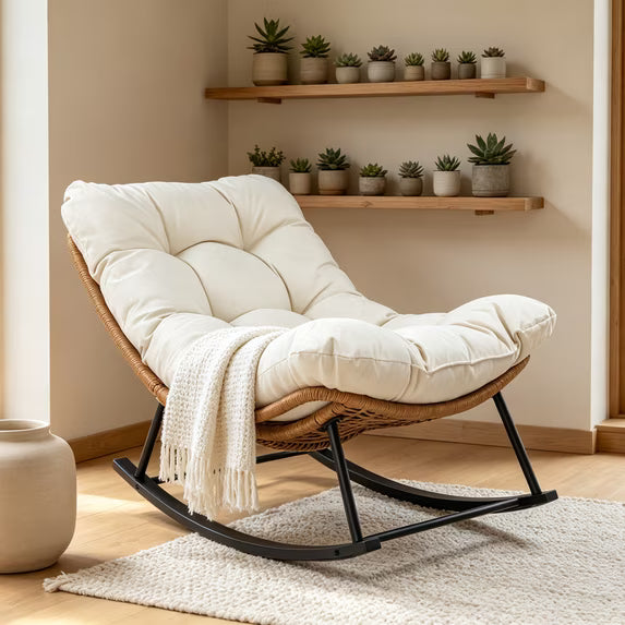 Walsunny Rocking Papasan Chair,Oversized Rocking Chair with Thick Cushion Steel Frame Side Storage Pockets,330 lbs for Garden,Porch,Living Room,Nature Rattan Beige Cushion