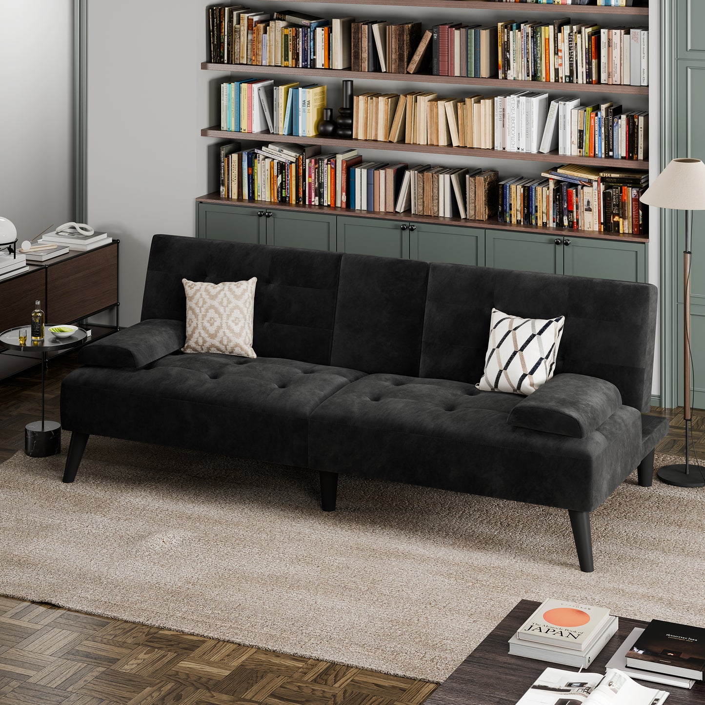 Walsunny Futon Sofa Bed with Hidden Cup Holders, Modern Convertible Folding Futon Couch with 3-Angle Adjustment for Living Room, Small Space