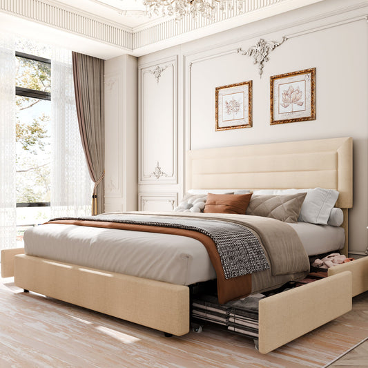 Walsunny Bed Frame with 4 Storage Drawee, Platform Bed with Upholstered Modern Geometric Lines Headboard, Solid Wood Slats Support