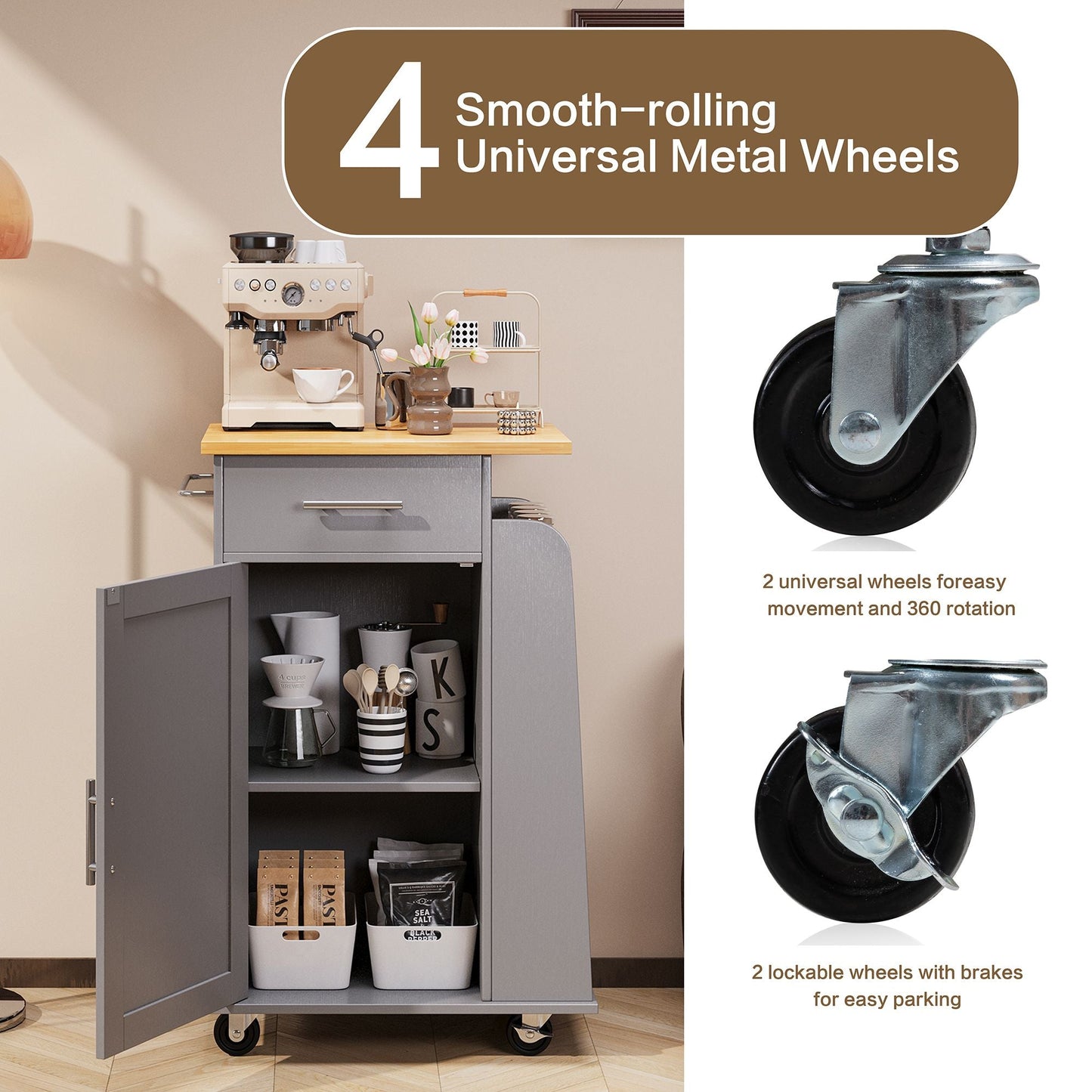 Walsunny Kitchen Island Rolling Cart with Storage Cabinet, Coffee Bar
