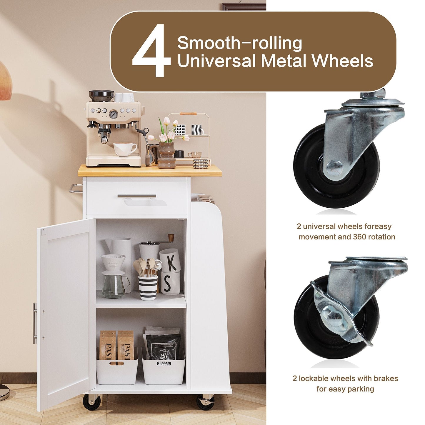 Walsunny Kitchen Island Rolling Cart with Storage Cabinet, Coffee Bar