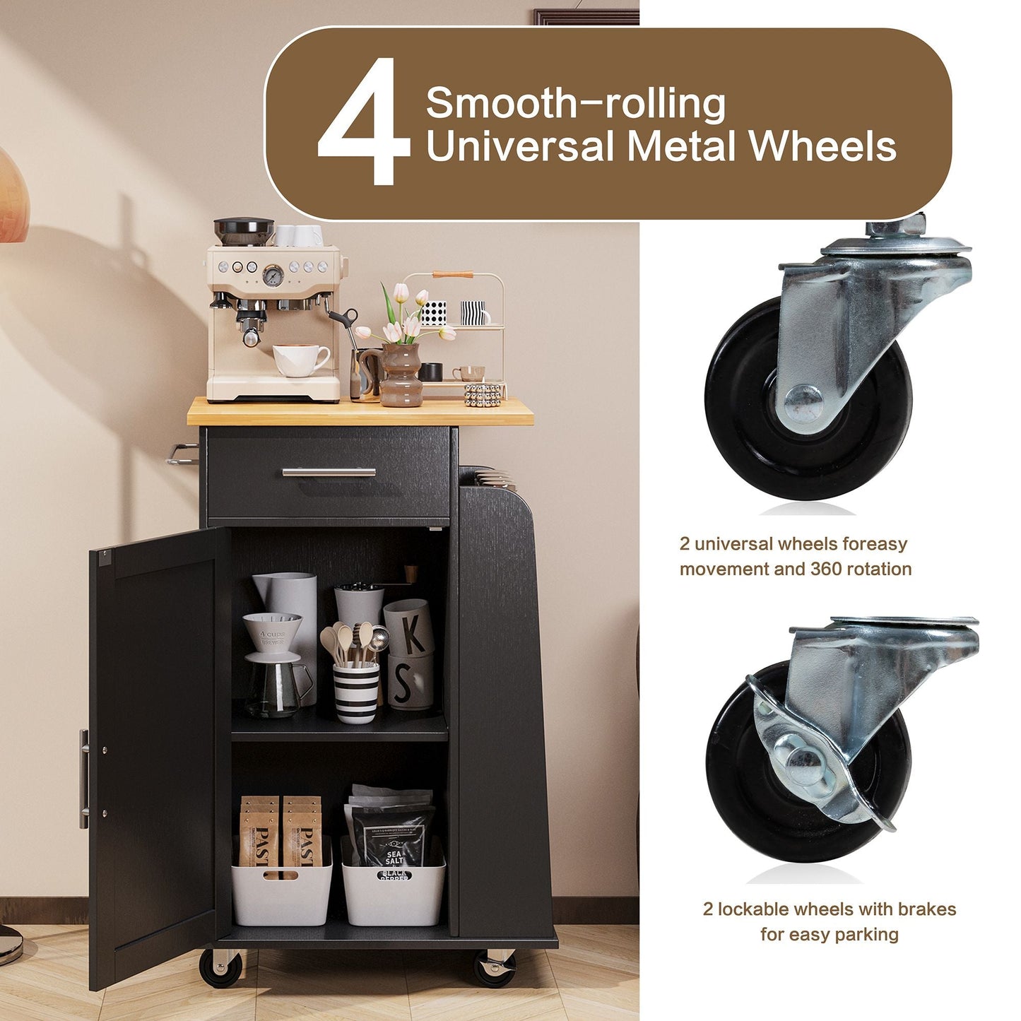 Walsunny Kitchen Island Rolling Cart with Storage Cabinet, Coffee Bar