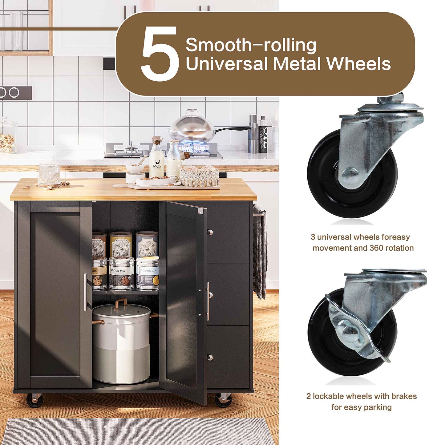 Walsunny Kitchen Island on Wheels with Storage Cabinet & Foldable Drop Leaf, 39.7" Width Rolling Kitchen Table