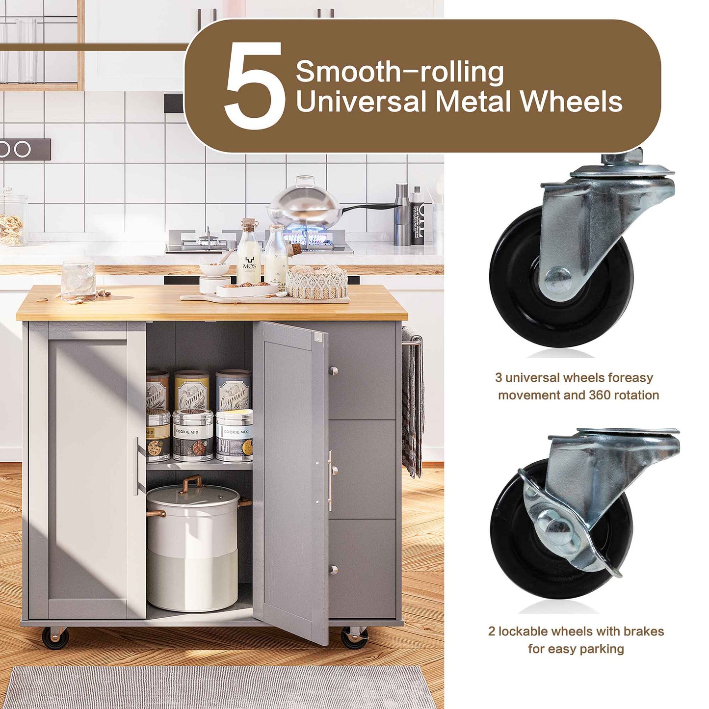 Walsunny Kitchen Island on Wheels with Storage Cabinet & Foldable Drop Leaf, 39.7" Width Rolling Kitchen Table