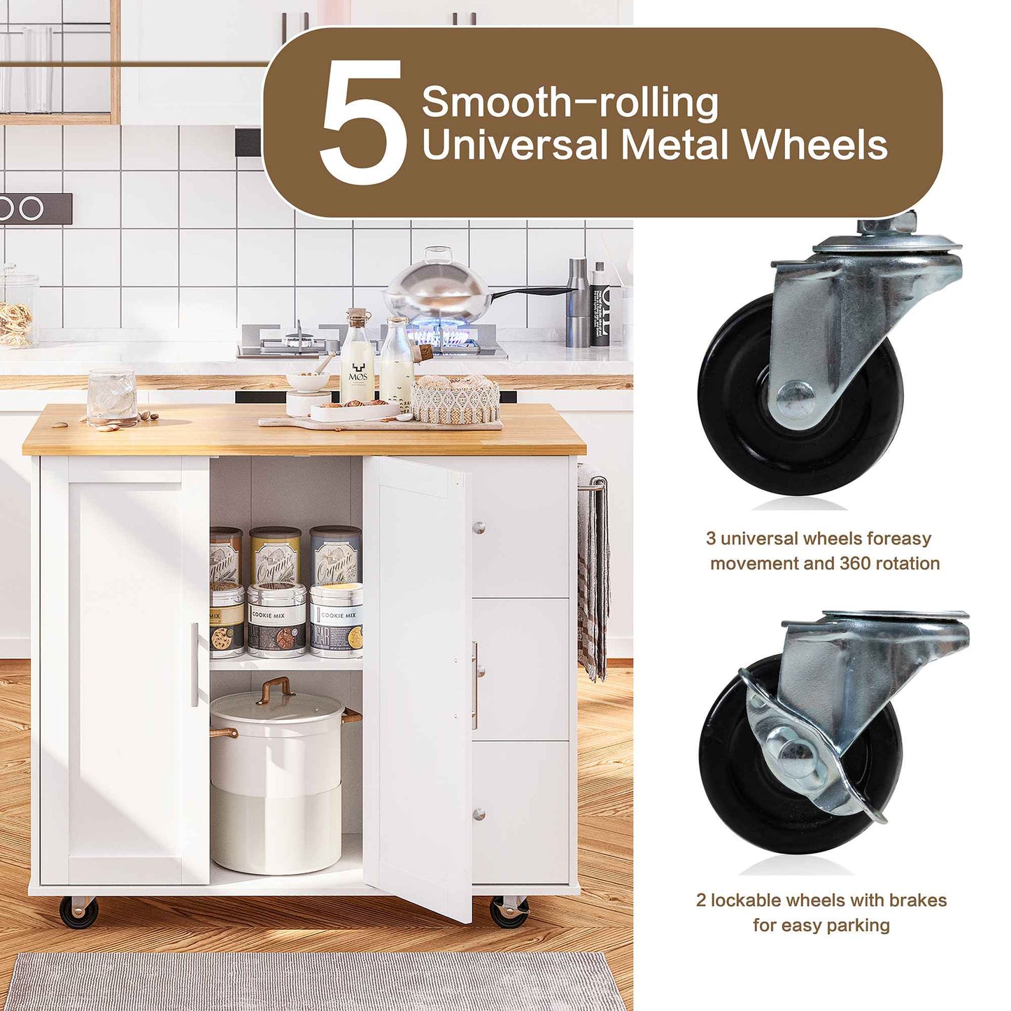 Walsunny Kitchen Island on Wheels with Storage Cabinet & Foldable Drop Leaf, 39.7" Width Rolling Kitchen Table