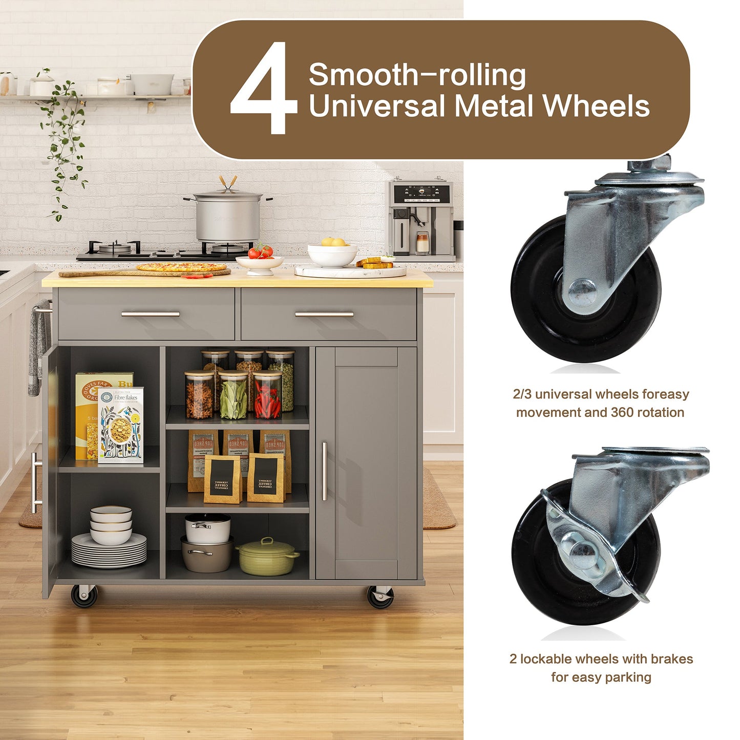 Walsunny 40" Kitchen Islands Carts with Storage Drop Leaf Countertop on Wheels Rolling Microwave Utility Carts with 3 Drawers 1 Storage Cabinets,Brown