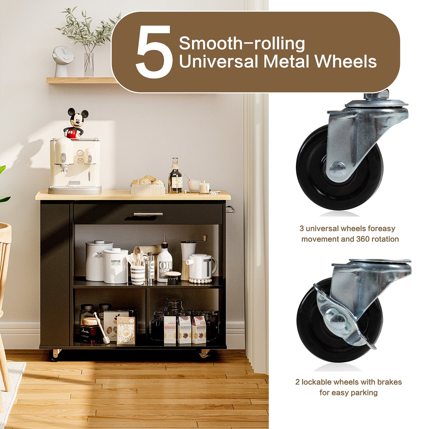 Walsunny Kitchen Island on Wheels with Storage Cabinet, Rolling Cart Kitchen Storage Organizer with/3 Side Spice Rack, 2 Tier Open Shelf for Kitchen